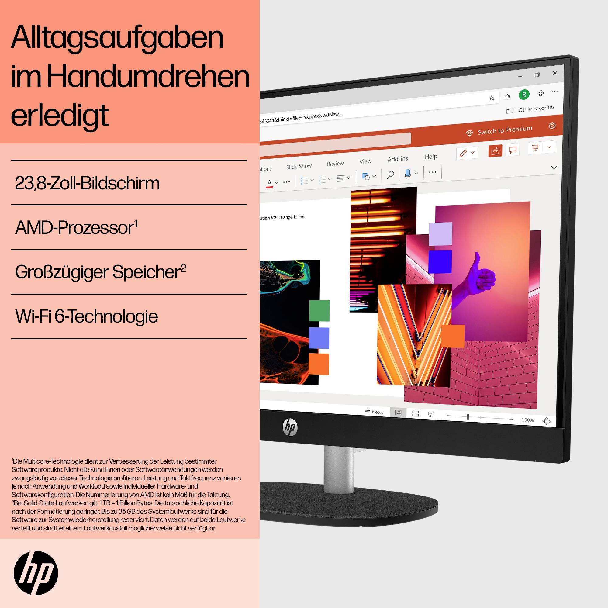 HP notebookový počítač - česká verze inzerátu:<br><br>"Každodenní úkoly hotové během okamžiku"<br><br>Funkce:<br>- Obrazovka o úhlopříčce 23,8 palců<br>- Procesor AMD<br>- Velká kapacita paměti<br>- Wi‑Fi 6