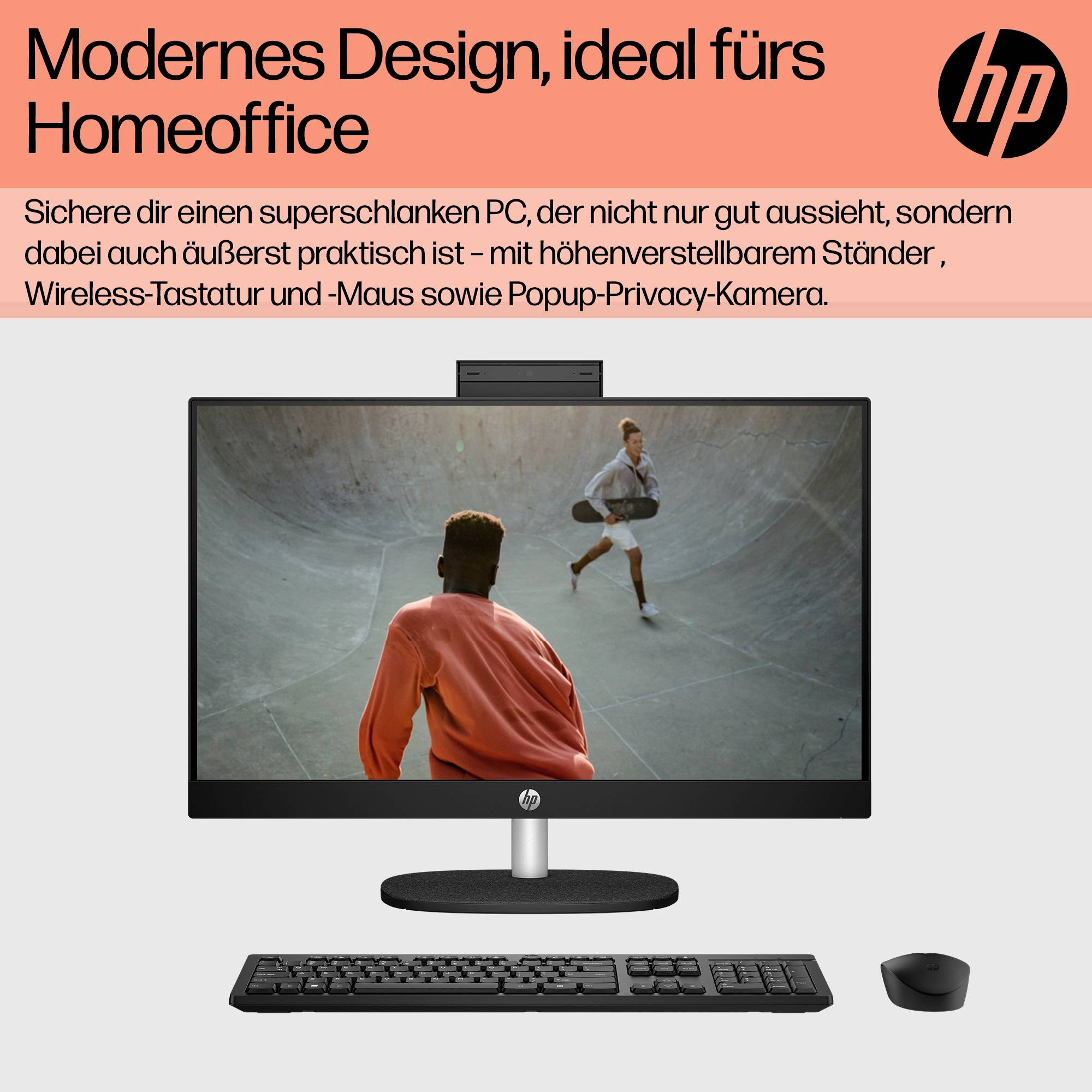 # HP inzerce pro moderní domácí kancelářský počítač<br><br>Zobrazuje štíhlý all-in-one desktop s monitorem, webkamerou, klávesnicí a myší; německý text upozorňuje na kameru zaměřenou na ochranu soukromí.