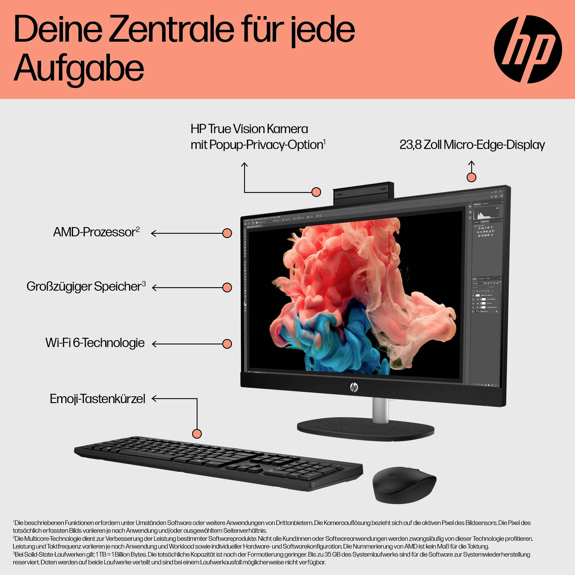 HP All-in-One PC reklama s displejem 23,8 palců s mikrookrajy, vyskakovací kamerou s ochranou soukromí, procesorem AMD, dostatečnou pamětí, Wi-Fi 6 a klávesovými zkratkami pro emotikony.