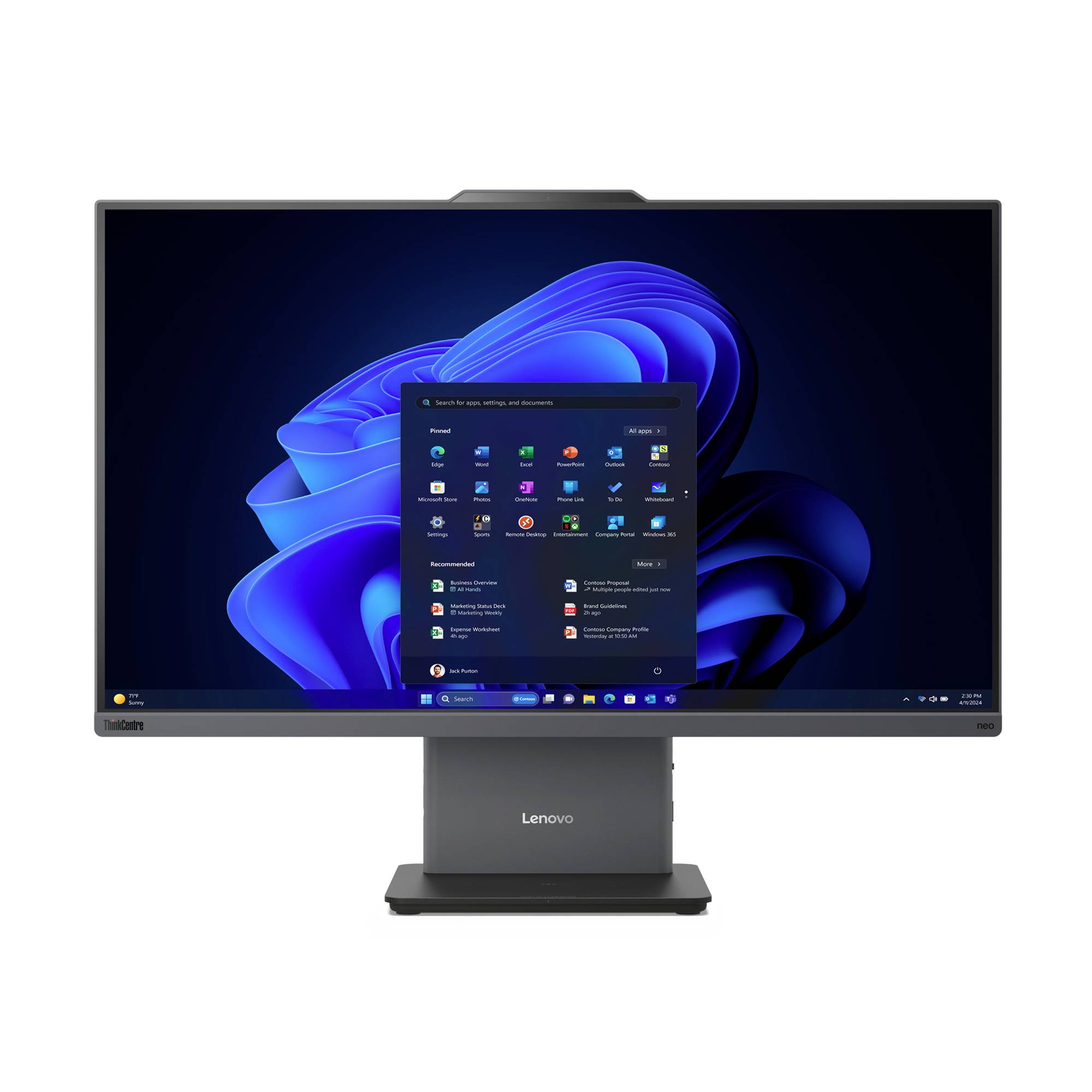 Lenovo all-in-one desktopový monitor zobrazující nabídku Start Windows 11 na modrém abstraktním pozadí.