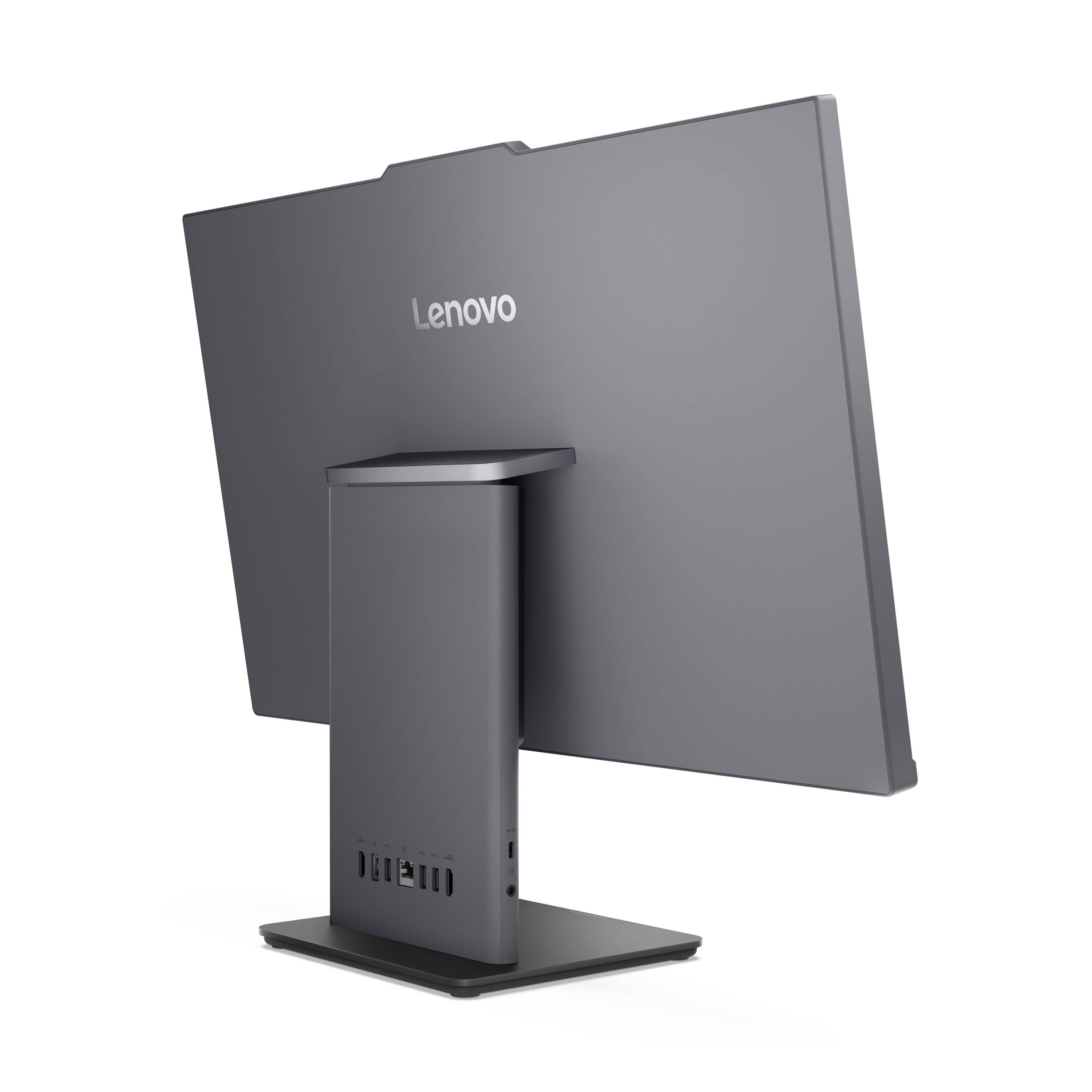 Zadní pohled na počítač typu all-in-one Lenovo s připojeným centrálním stojanem na bílém pozadí.