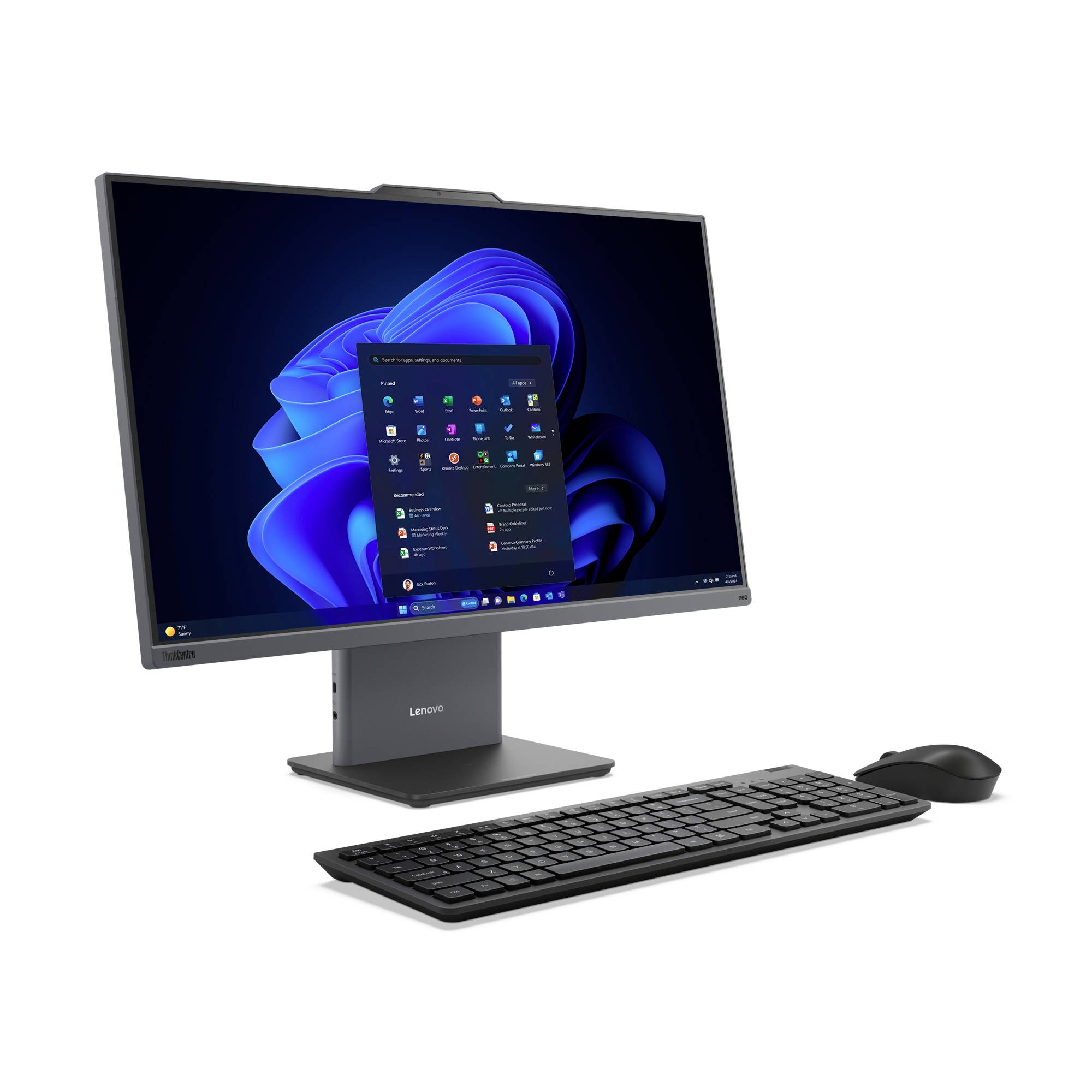Lenovo počítač all-in-one se systémem Windows 11 zobrazeným na obrazovce, s klávesnicí a myší na bílém pozadí.