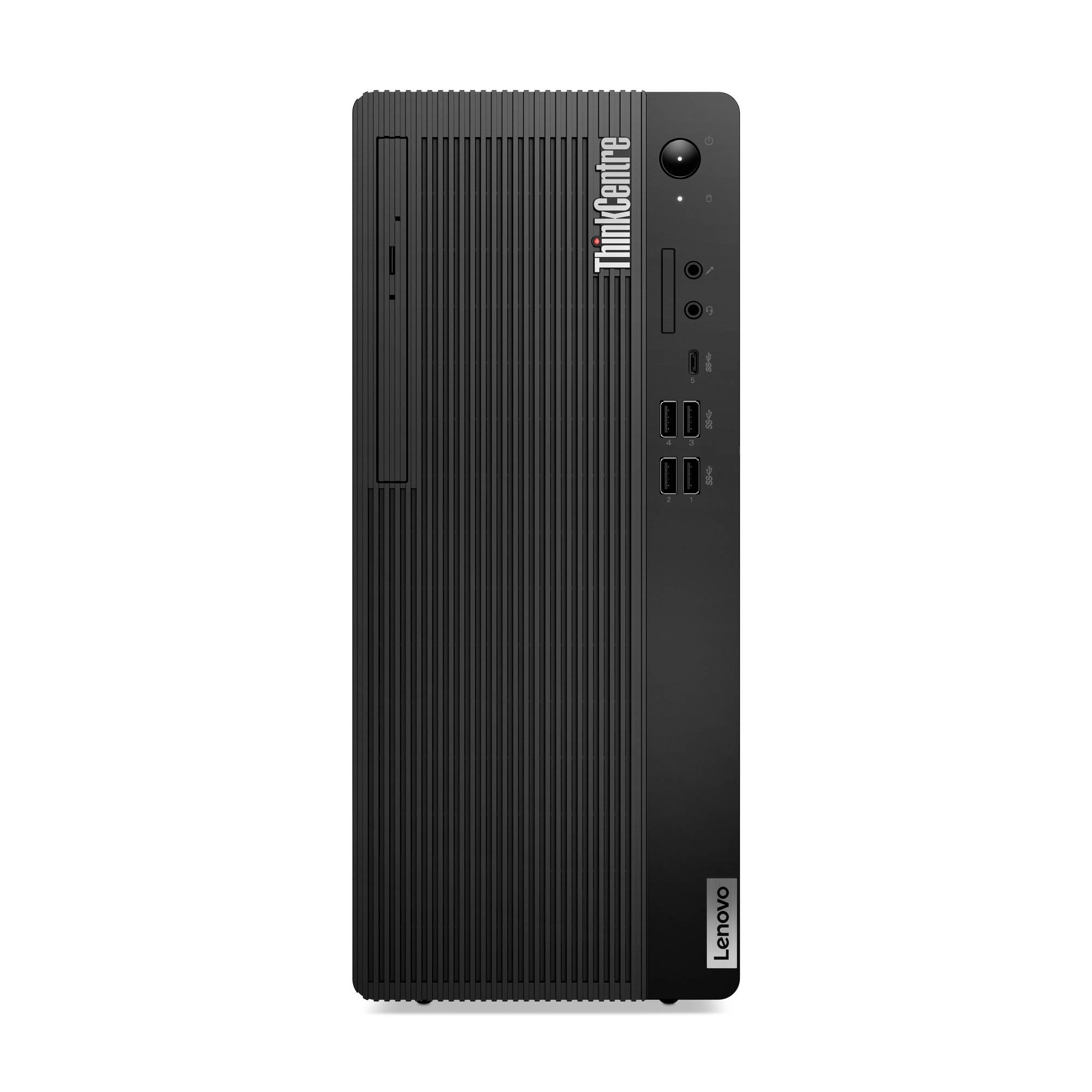 Černá stolní věž Lenovo ThinkCentre zobrazená z přední strany s vypínačem, porty USB a audio jacky.