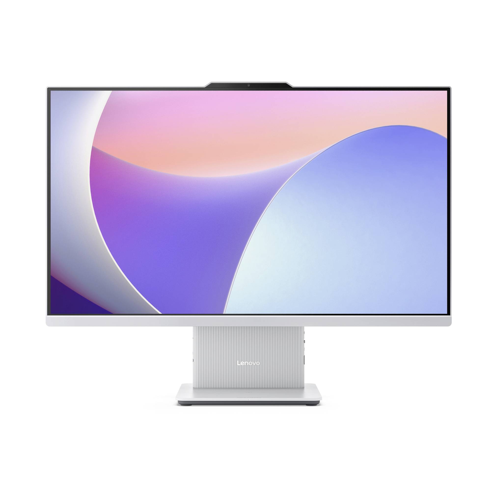 Přední pohled na Lenovo all-in-one monitor stolního počítače s abstraktní tapetou v gradientu fialové, růžové a modré barvy na bílém pozadí.
