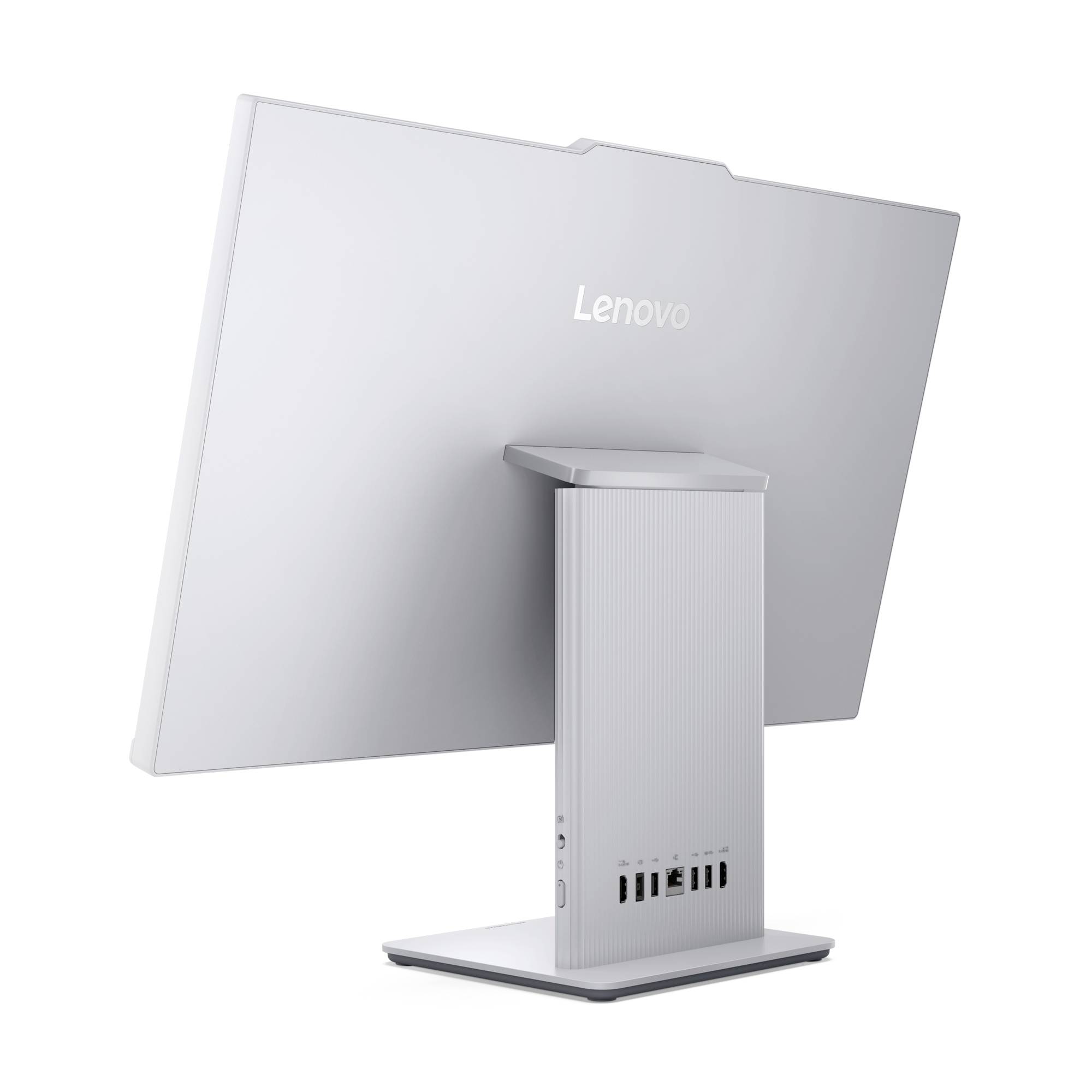Stolní monitor Lenovo na stříbrném nastavitelném stojanu, zobrazený zezadu se viditelnými porty a větrací štěrbinami.
