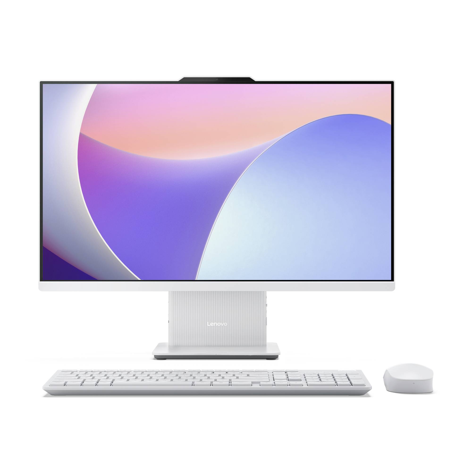 Bílý počítač Lenovo all-in-one s pastelovou abstraktní tapetou, odpovídající klávesnicí a myší na bílém pozadí.