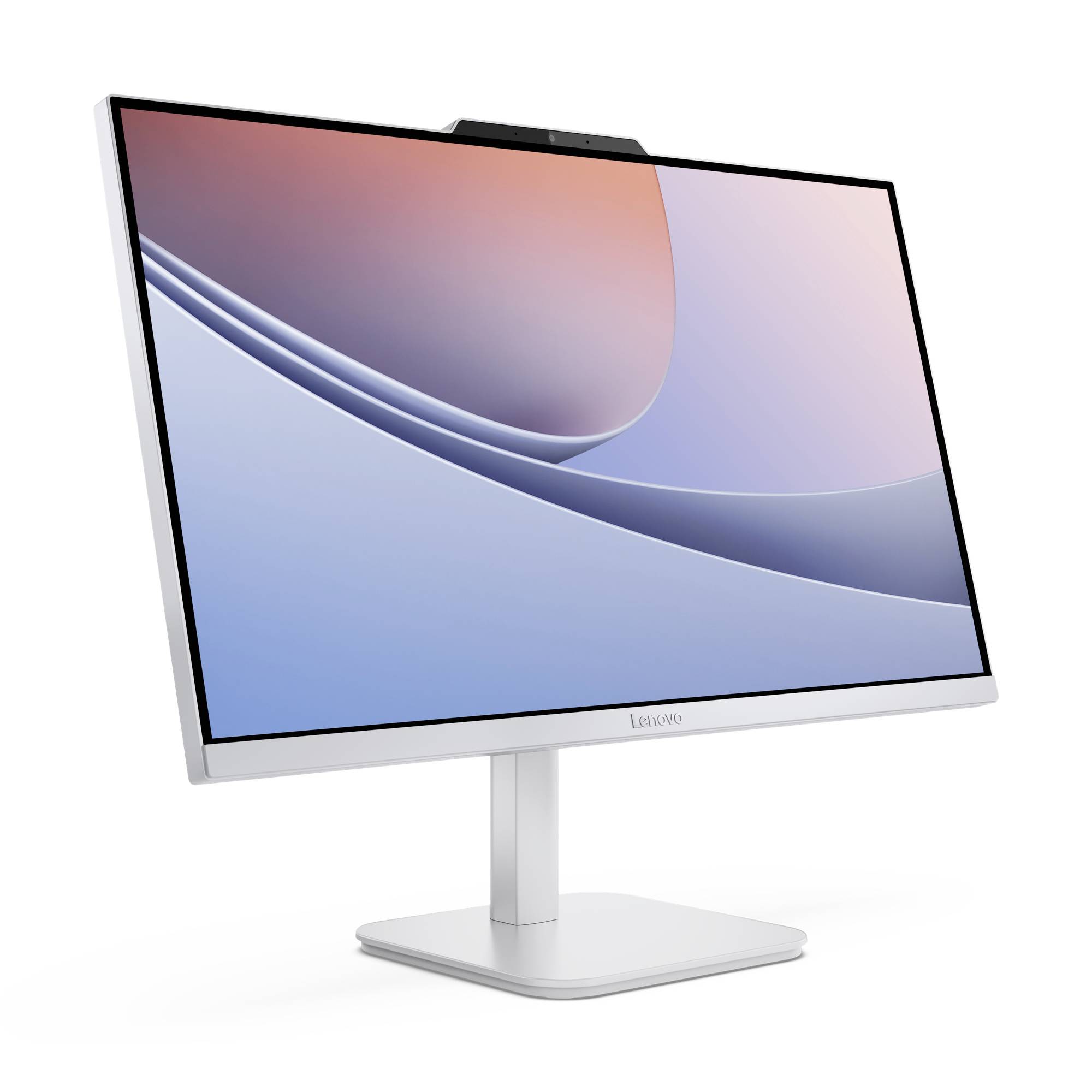 Lenovo počítač do jedné krabice na monitoru s bílým stojanem, zobrazený z úhlu s pastelovou abstraktní tapetou na obrazovce.
