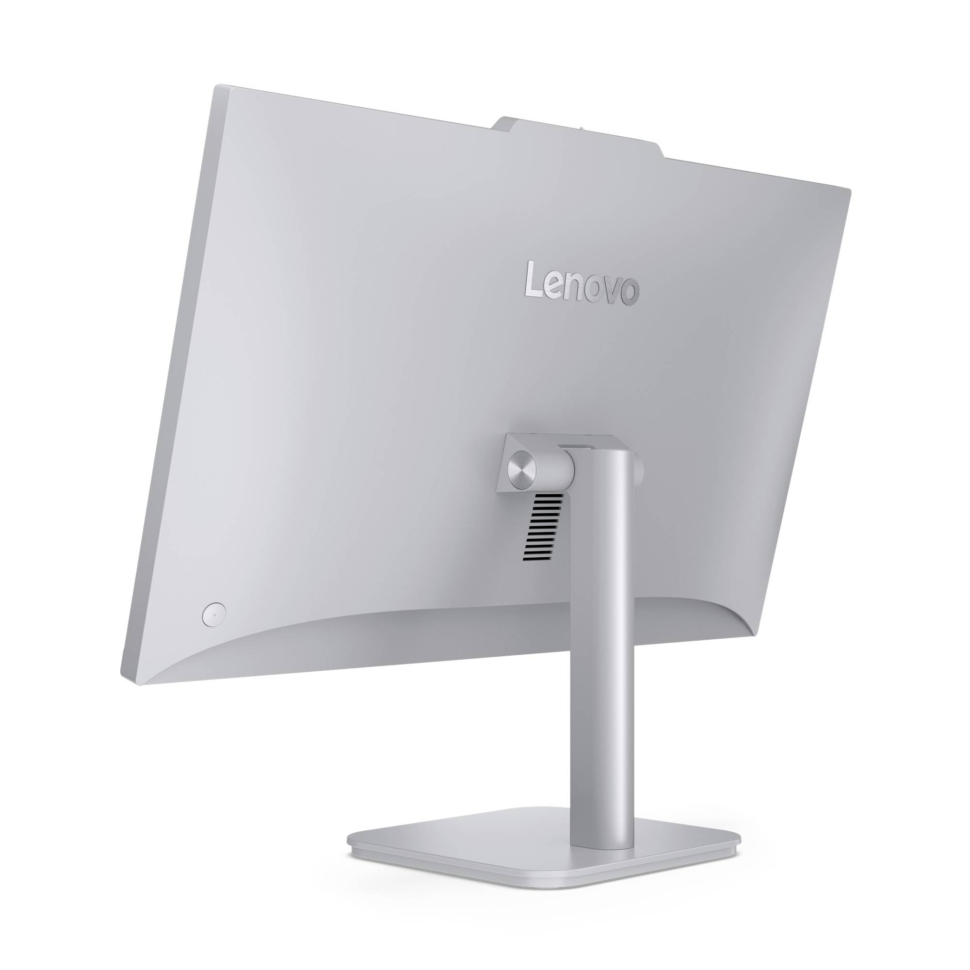 Zadní pohled na stříbrný stolní monitor Lenovo na stojanu, zobrazující zadní panel a nastavitelný držák.