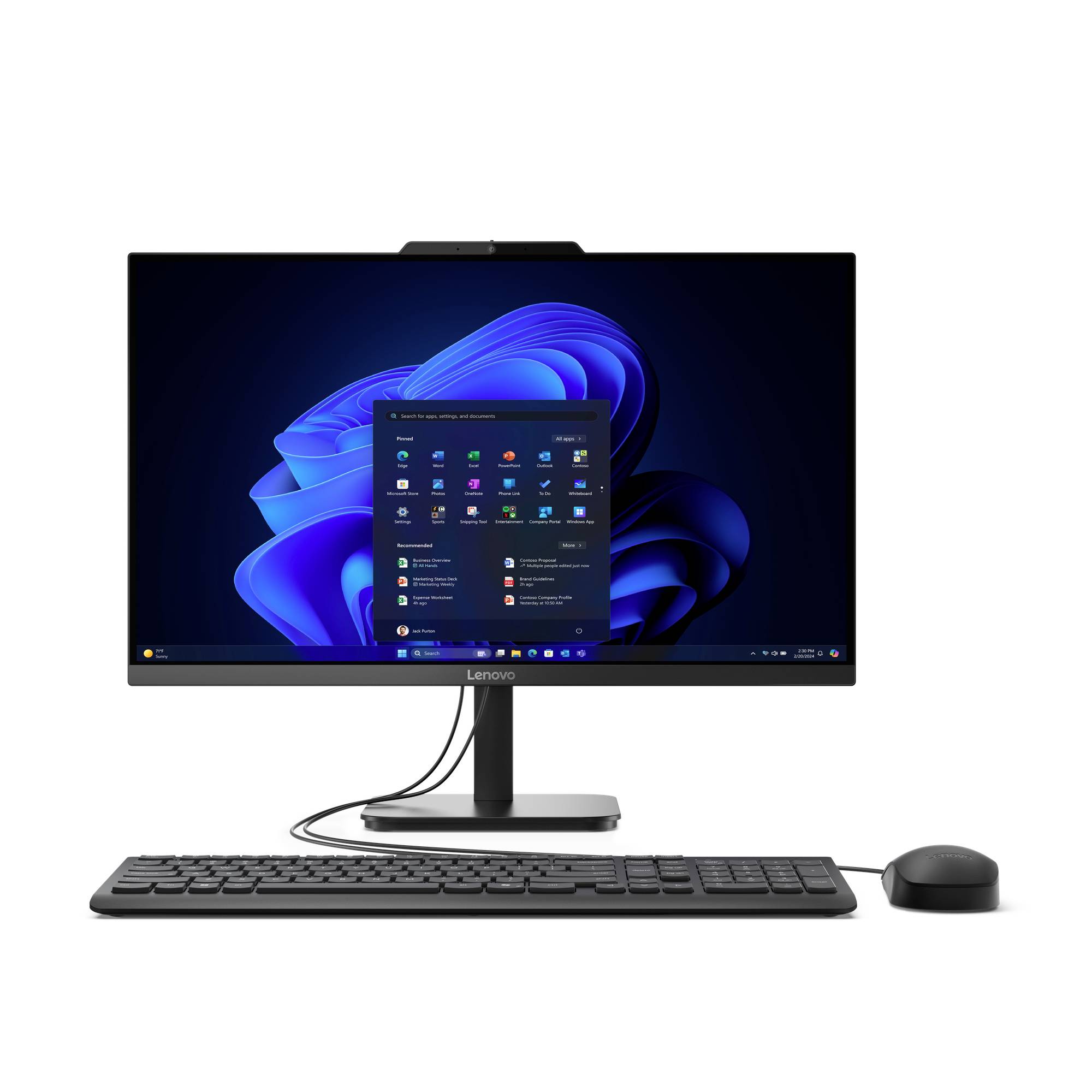 Lenovo vše-v-jednom desktopový počítač s otevřeným Windows 11, zobrazený s klávesnicí a myší na bílém pozadí.