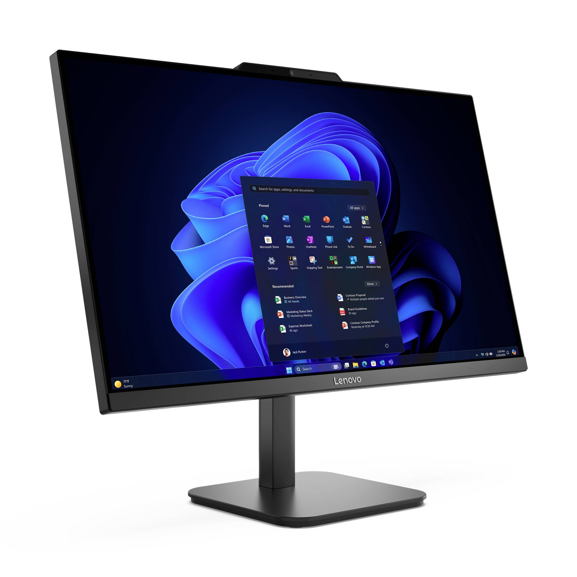 Stolní monitor Lenovo zobrazující nabídku Start systému Windows 11 na modrém abstraktním pozadí, zobrazeno na bílém pozadí.