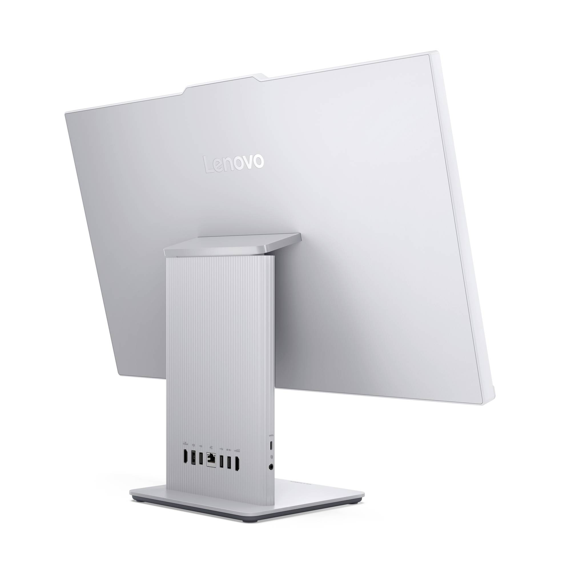 Zadní pohled na Lenovo stolní počítač all-in-one na stojanu.