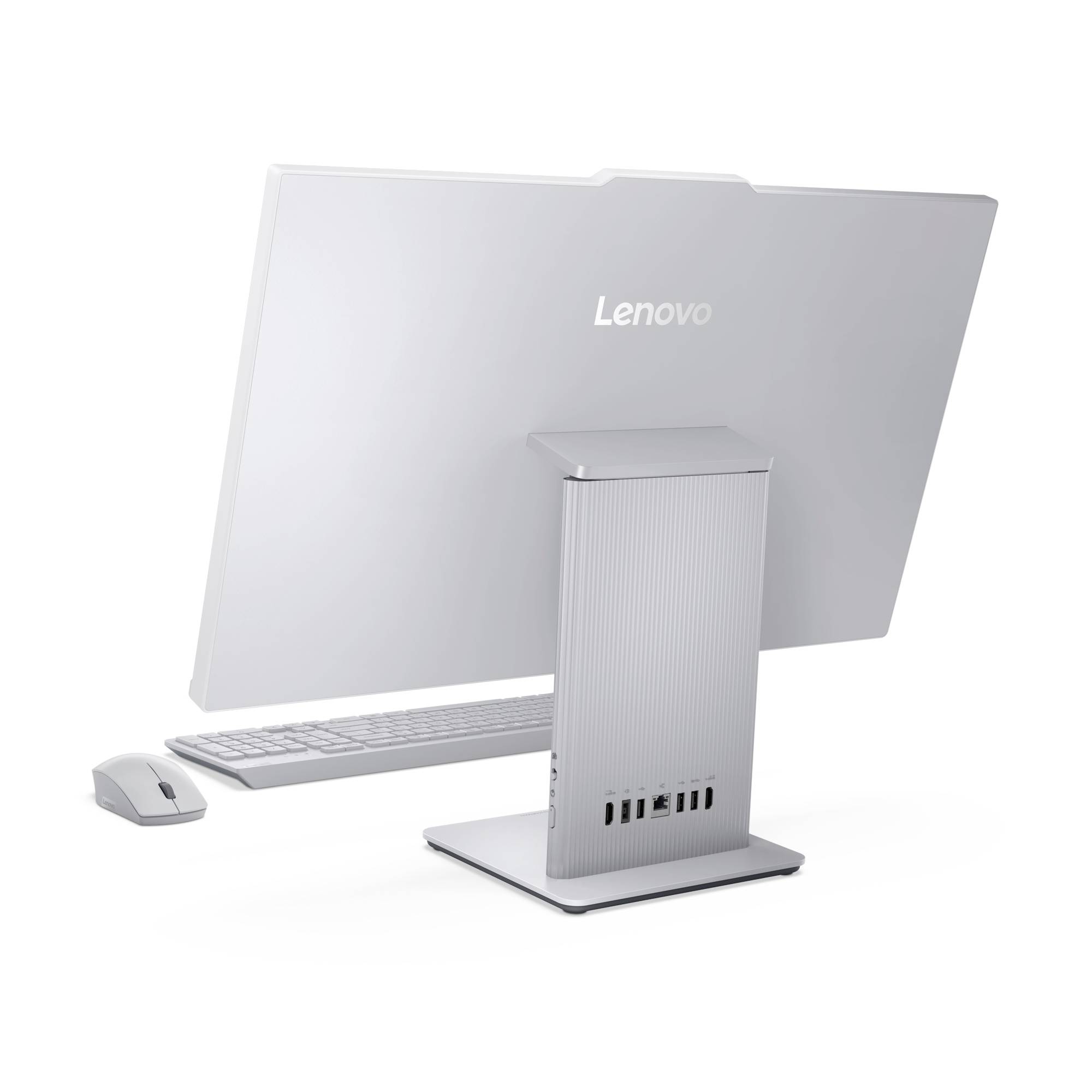 Počítač Lenovo vše-v-jednom (all-in-one desktop) zobrazený zezadu s klávesnicí a myší na bílém pozadí.