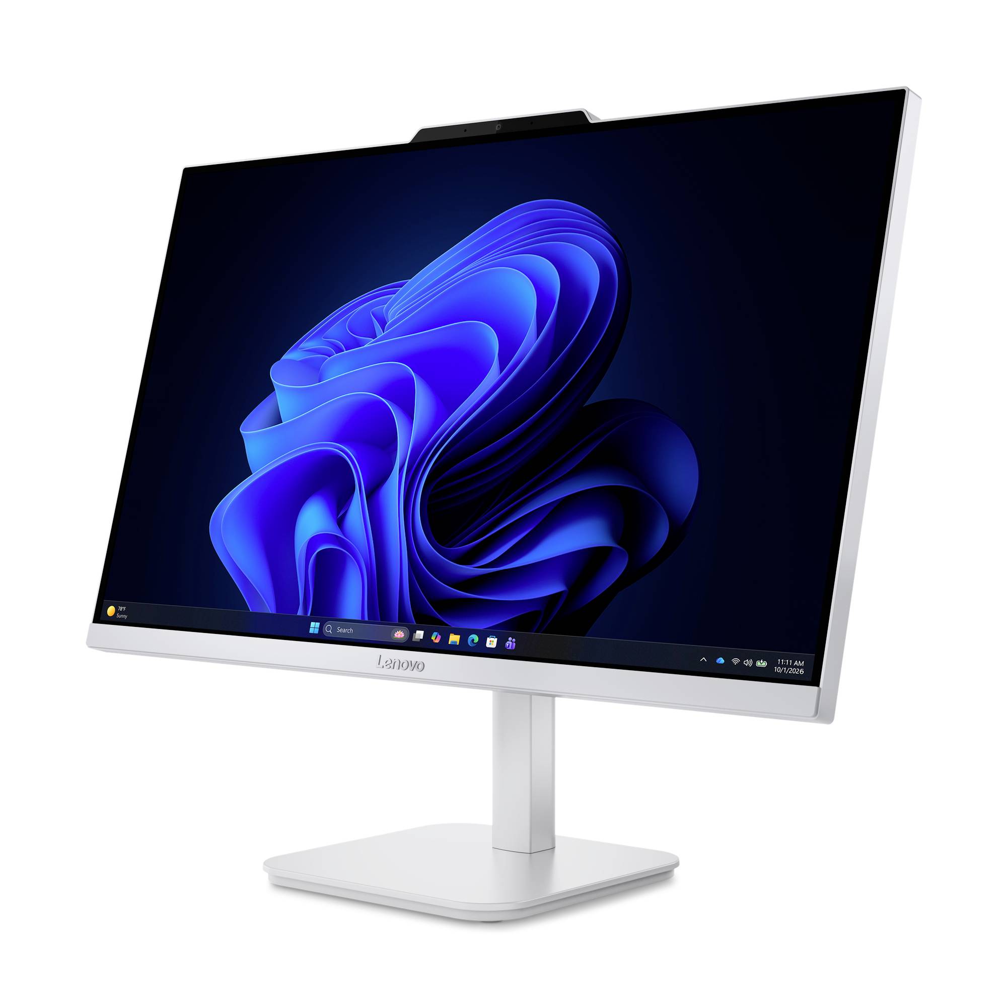 Bílý monitorový počítač Lenovo all-in-one zobrazující modrý abstraktní fond obrazovky Windows 11 na stojanu proti bílému pozadí.