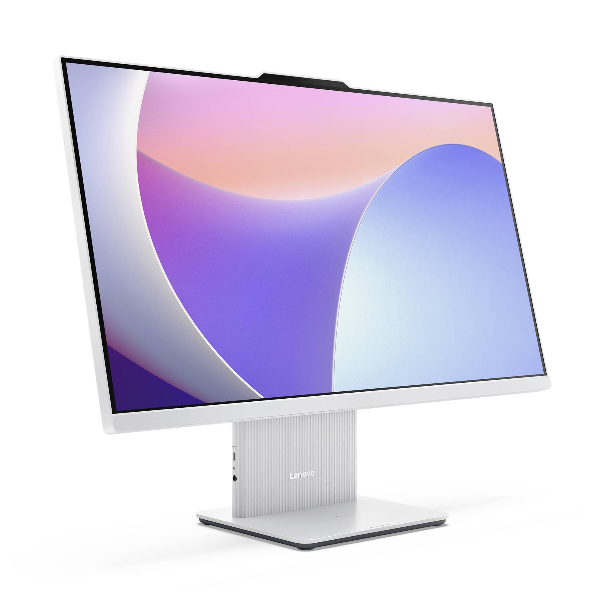 Bílý počítač Lenovo all-in-one s velkým nakloněným displejem na stojanové základně na bílém pozadí.
