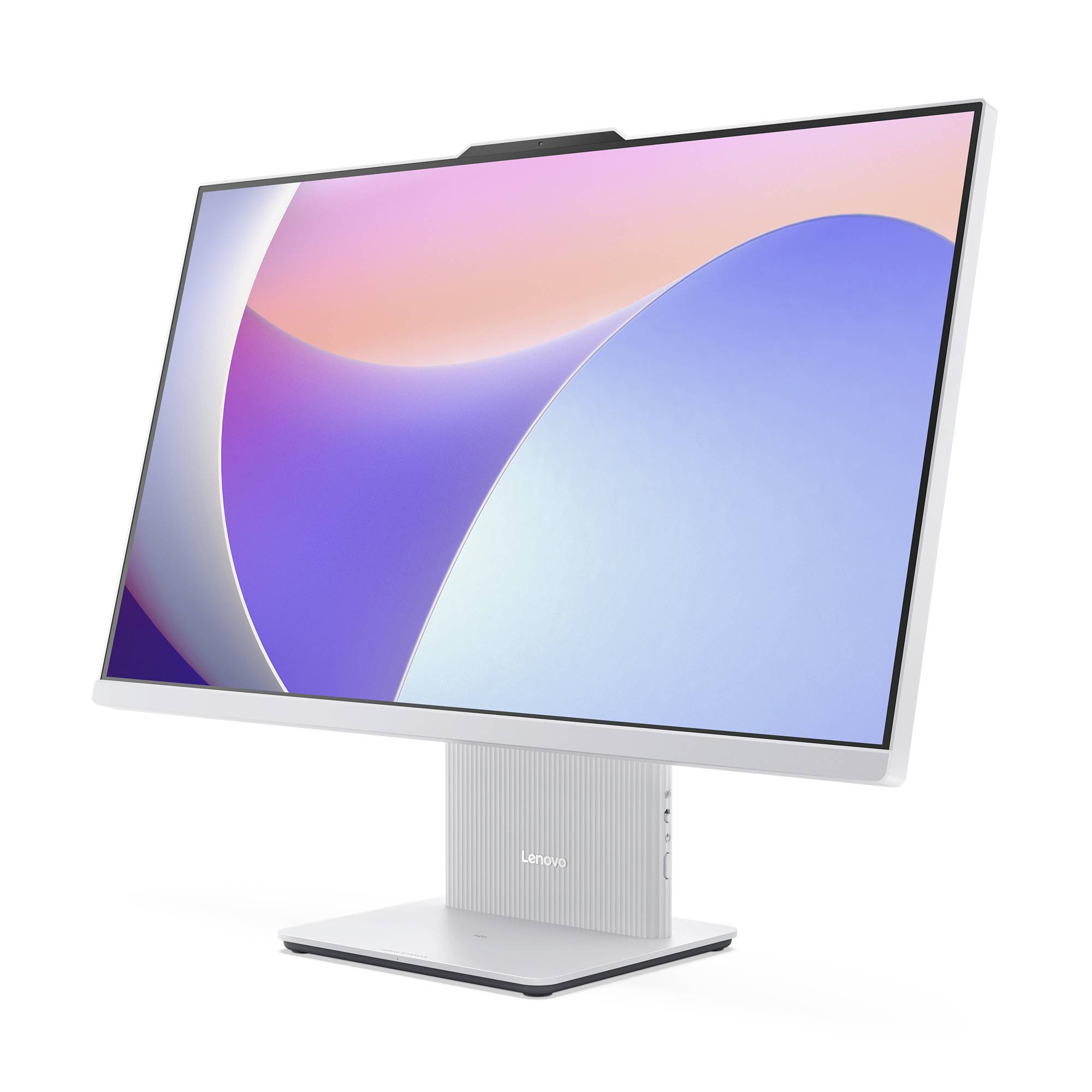 Bílý celovzdělávací stolní počítač Lenovo s velkou nakloněným displejem na štíhlém stojanu proti bílému pozadí.