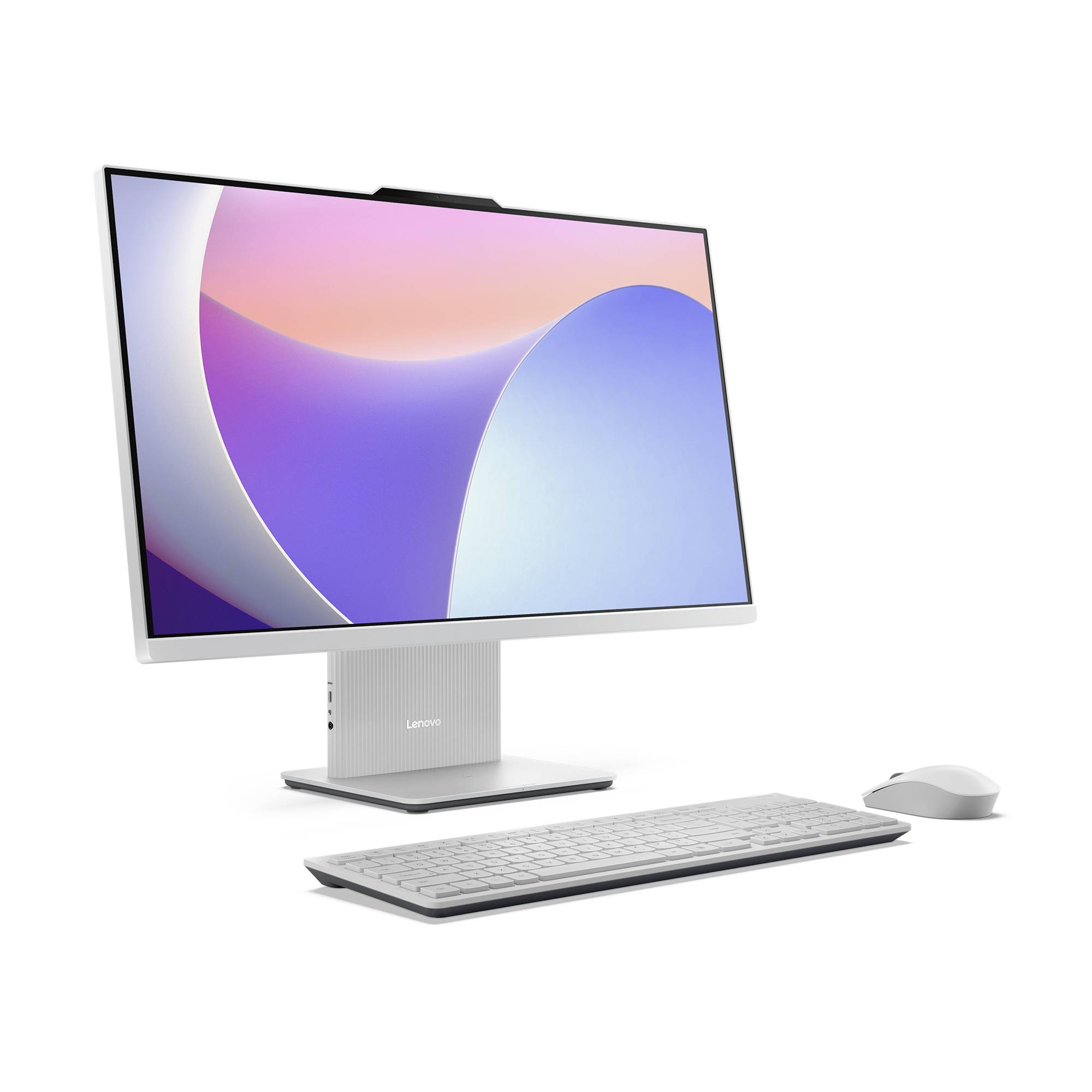 Počítač Lenovo all-in-one s velkým monitorem, klávesnicí a myší na bílém pozadí.
