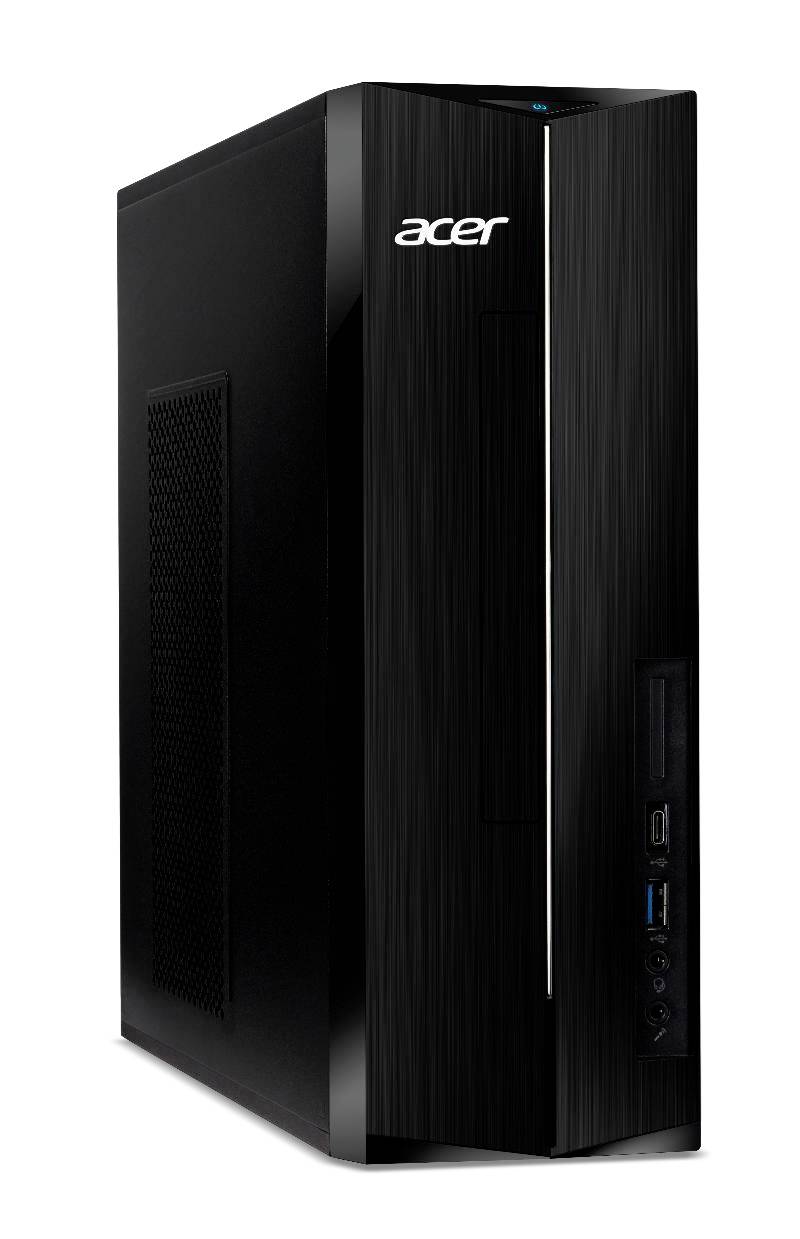 Černá stolní věž Acer PC zobrazena z tříčtvrtinového pohledu, s předními USB porty a svislým stříbrným akcentním pruhem.