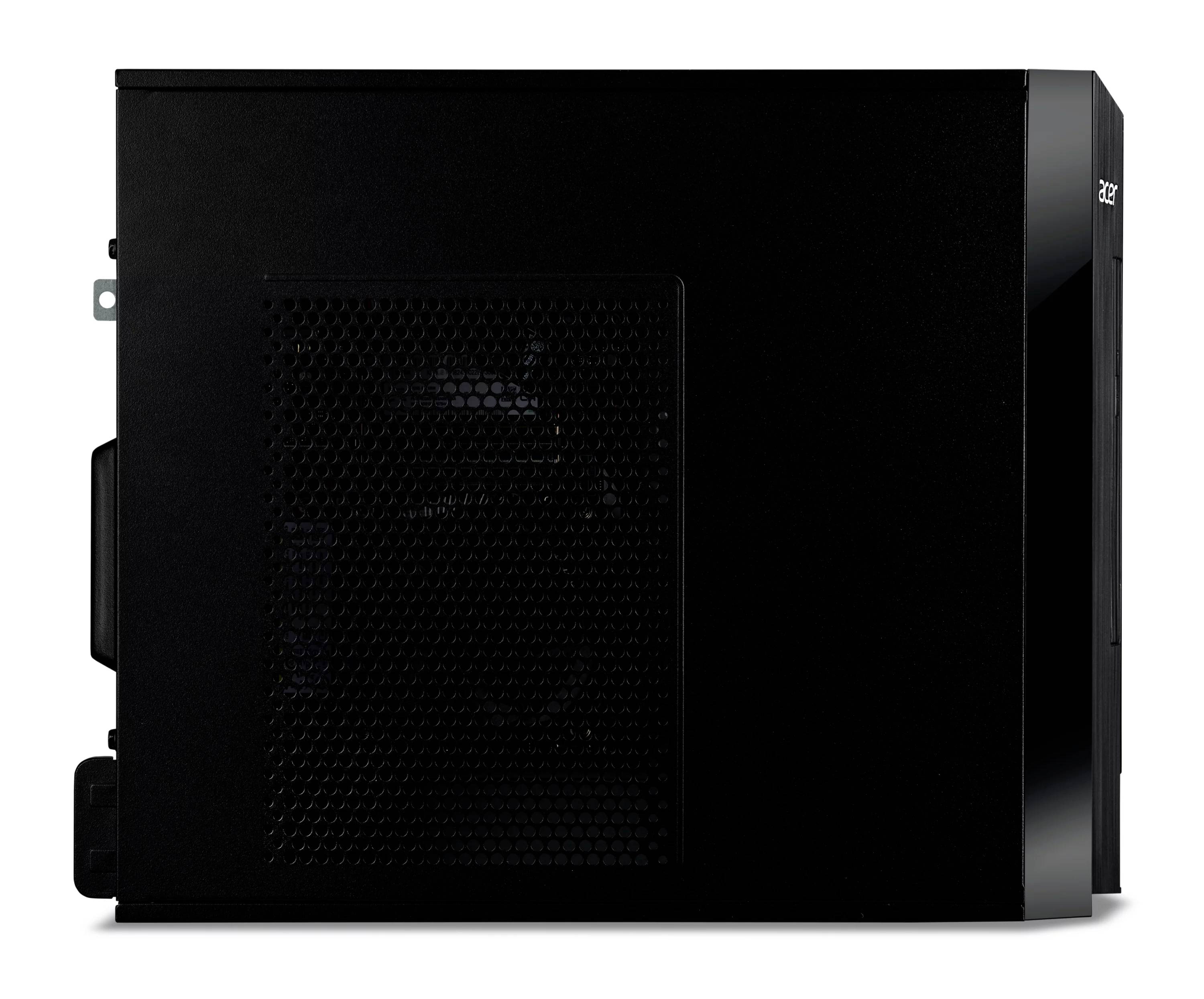 Černá počítačová věž Acer s desktopovým počítačem zobrazená z bočního pohledu s větráním panelem a úzkým předním rámečkem.