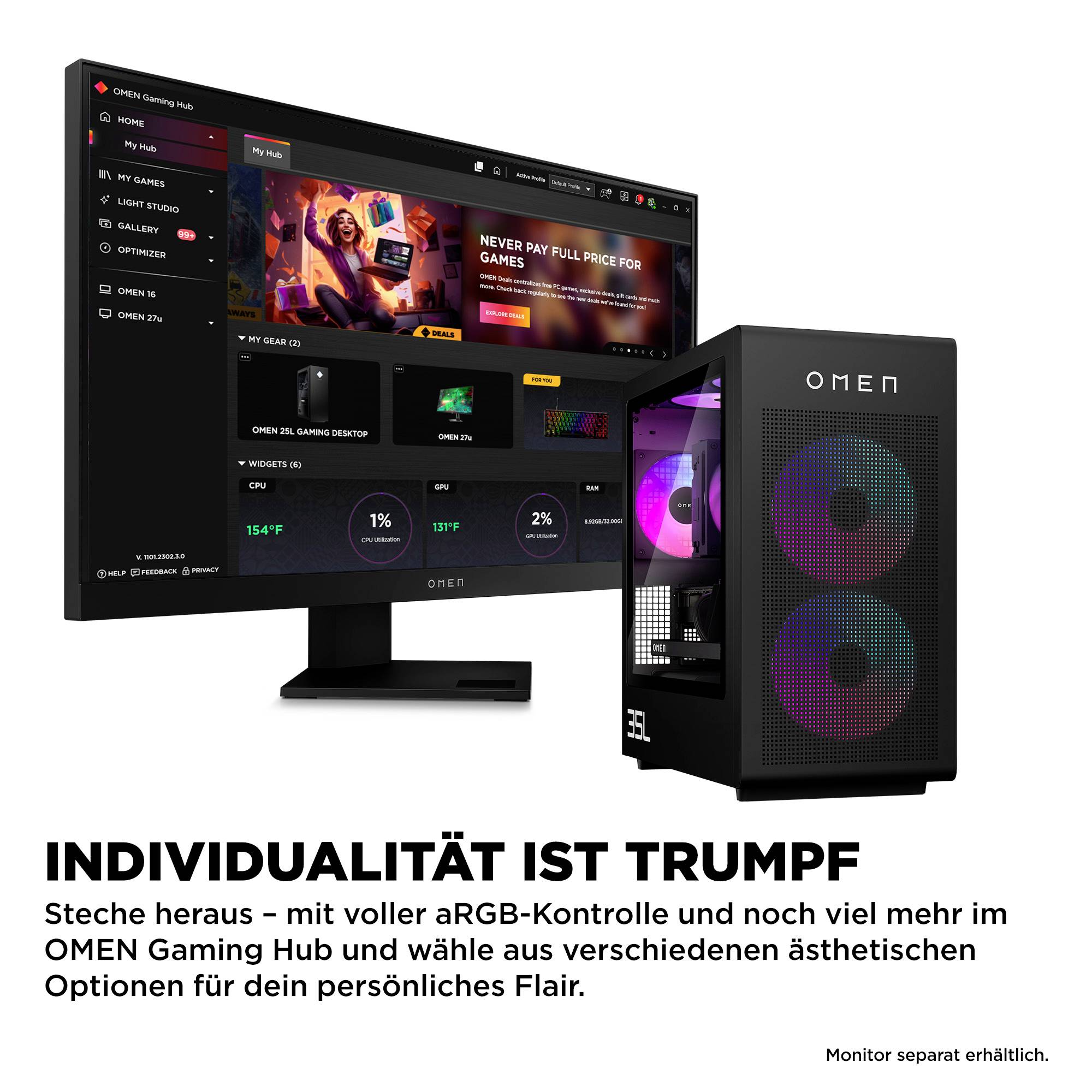 # OMEN herní PC a monitor na bílém pozadí s českým reklamním textem: "INDIVIDUALITA JE TRUMF" podporující přizpůsobitelnou kontrolu aRGB.