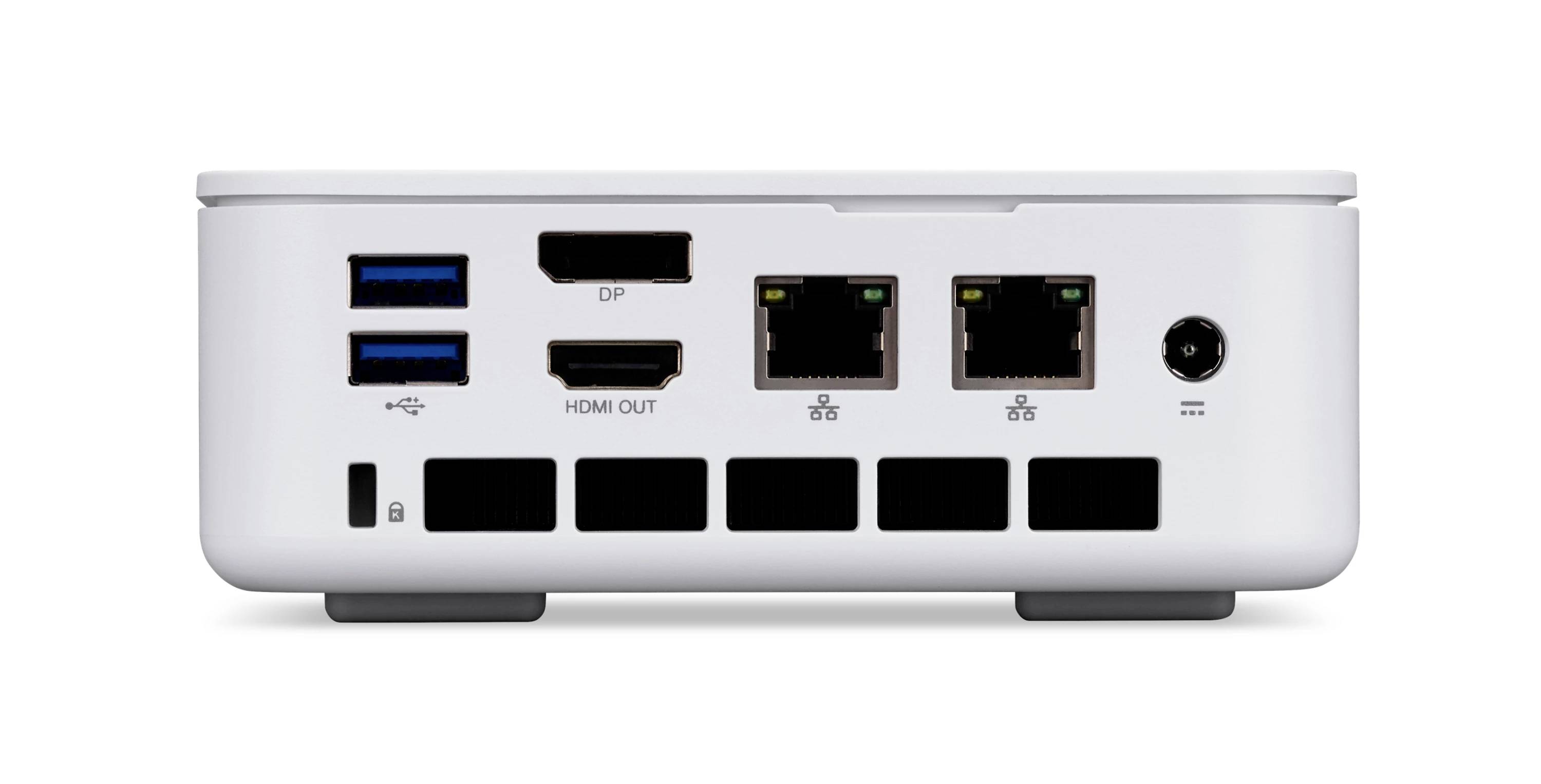 Zadní pohled na kompaktní mini PC zobrazující dva porty USB, DisplayPort, HDMI výstup, dva porty Ethernet, napájecí konektor a slot zámku.