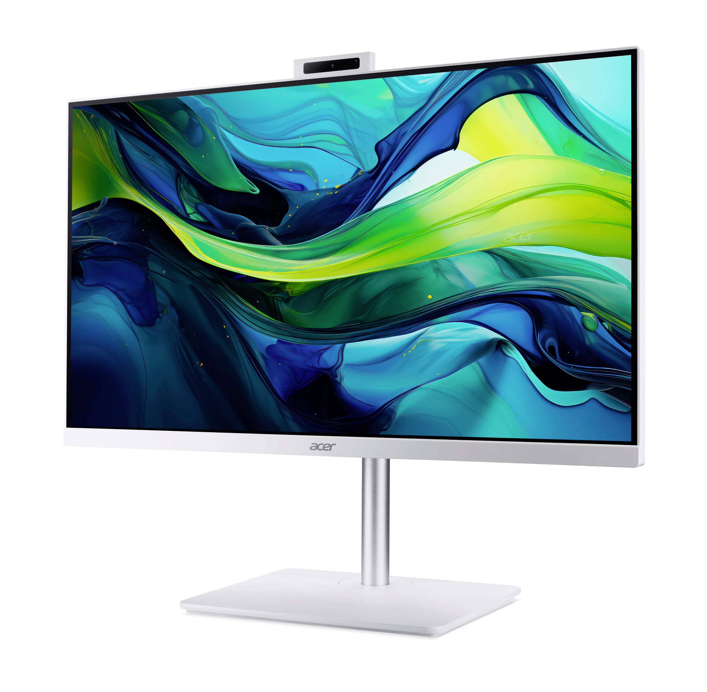 Monitor Acer pro stolní počítač s vestavěnou webkamerou na bílém stojanu, zobrazující abstraktní grafiku modrých, zelených a žlutých vln.