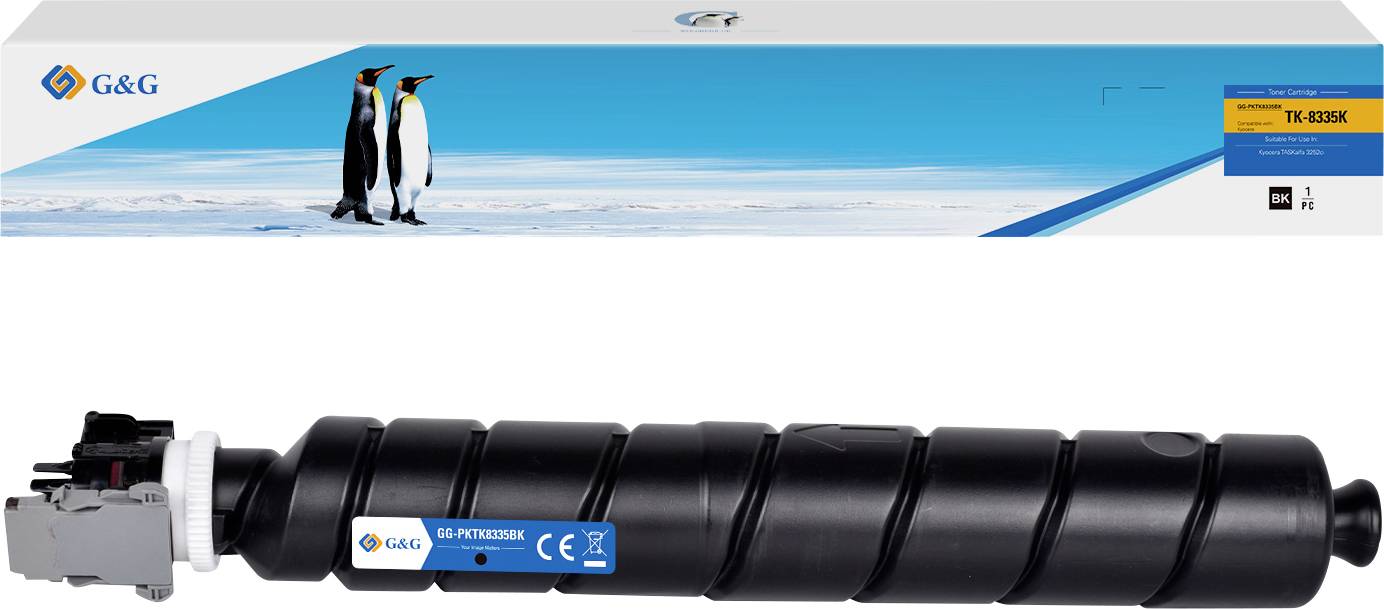 Obrázek produktu černé tiskárny tonerové kazety s balením G&G zobrazený výše, na krabici jsou tučňáci.