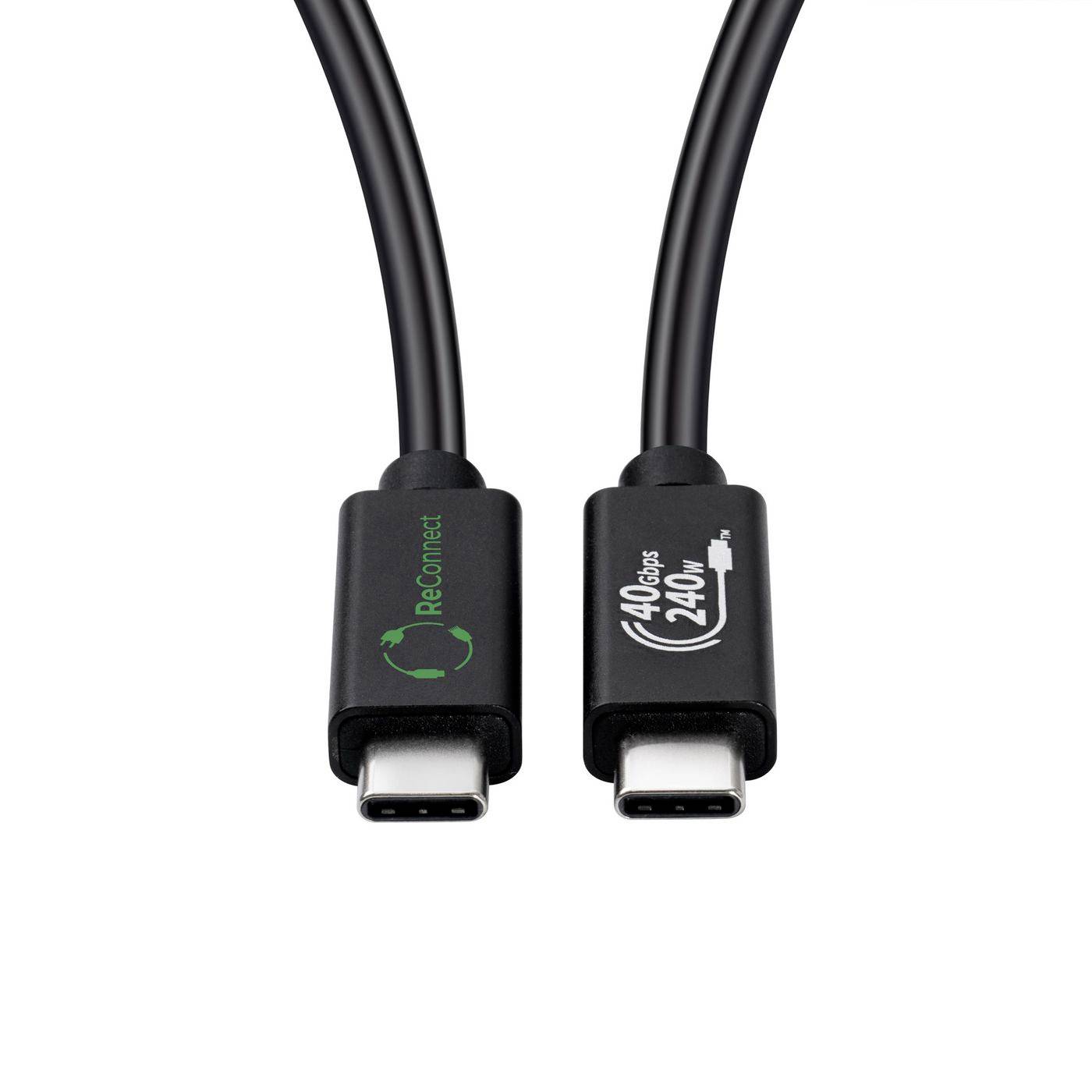 Dva černé kabely USB-C zobrazené konec na konec, označené jako 'ReConnect' a '40 Gbps 240W', na bílém pozadí.