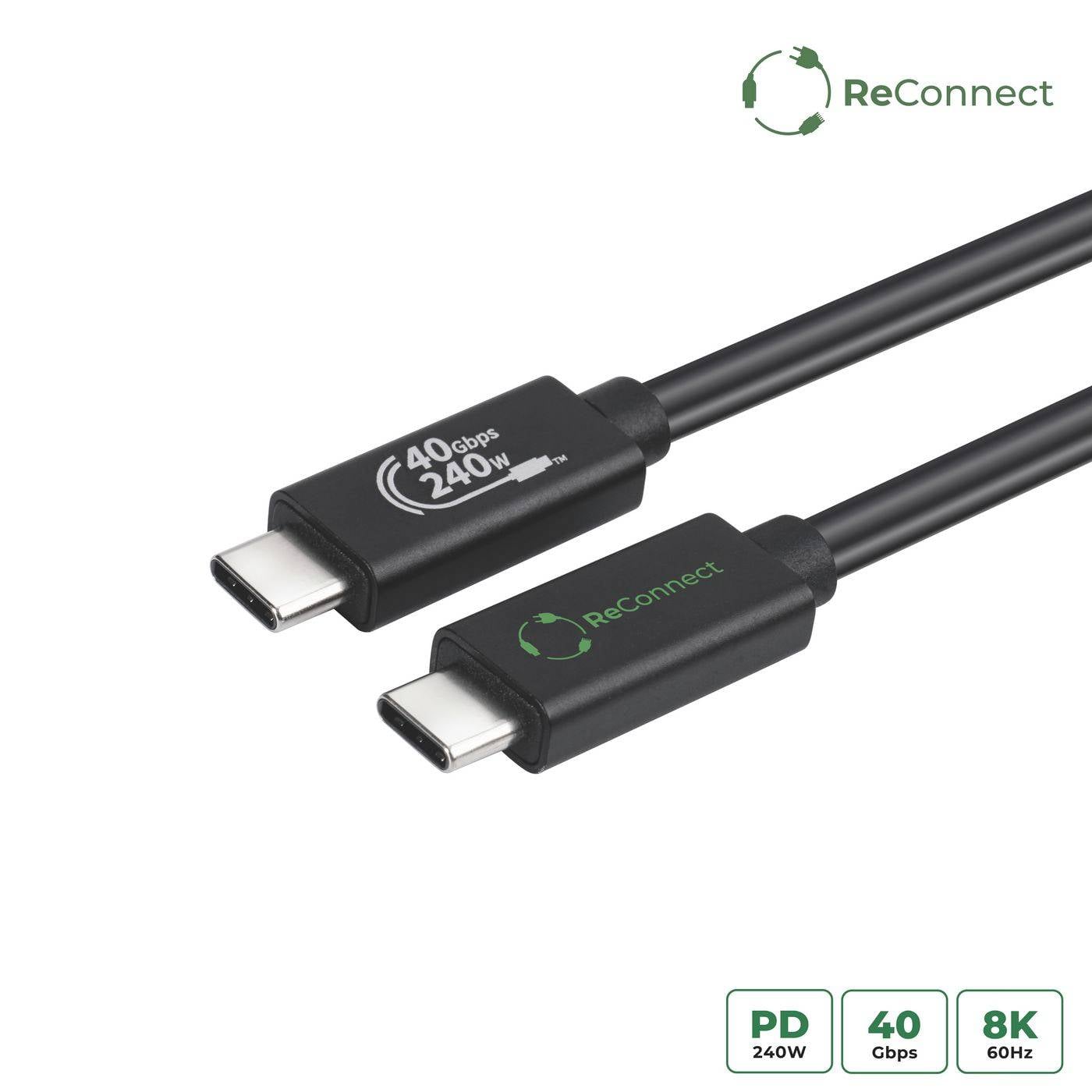 Dva černé USB-C kabely s brandingem ReConnect, označené 40 Gbps, 240W, PD 240W a 8K.