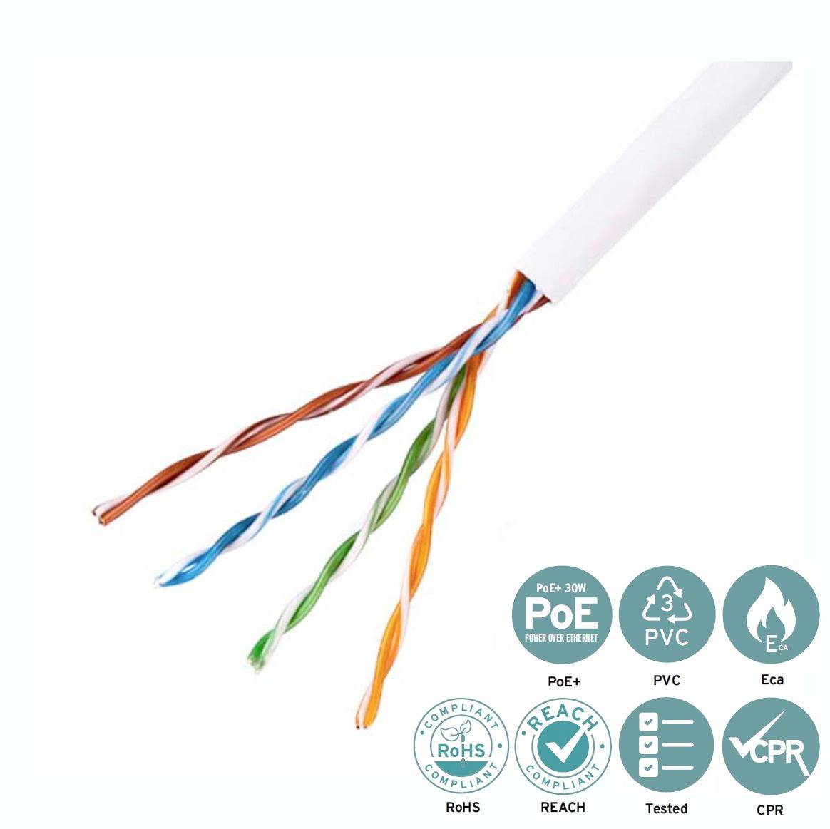 Bílý ethernetový kabel se čtyřmi exponovanými kroucenými páry drátů, vedle ikon indikujících soulad s PoE+, PVC, Eca, RoHS, REACH, testováním a CPR.