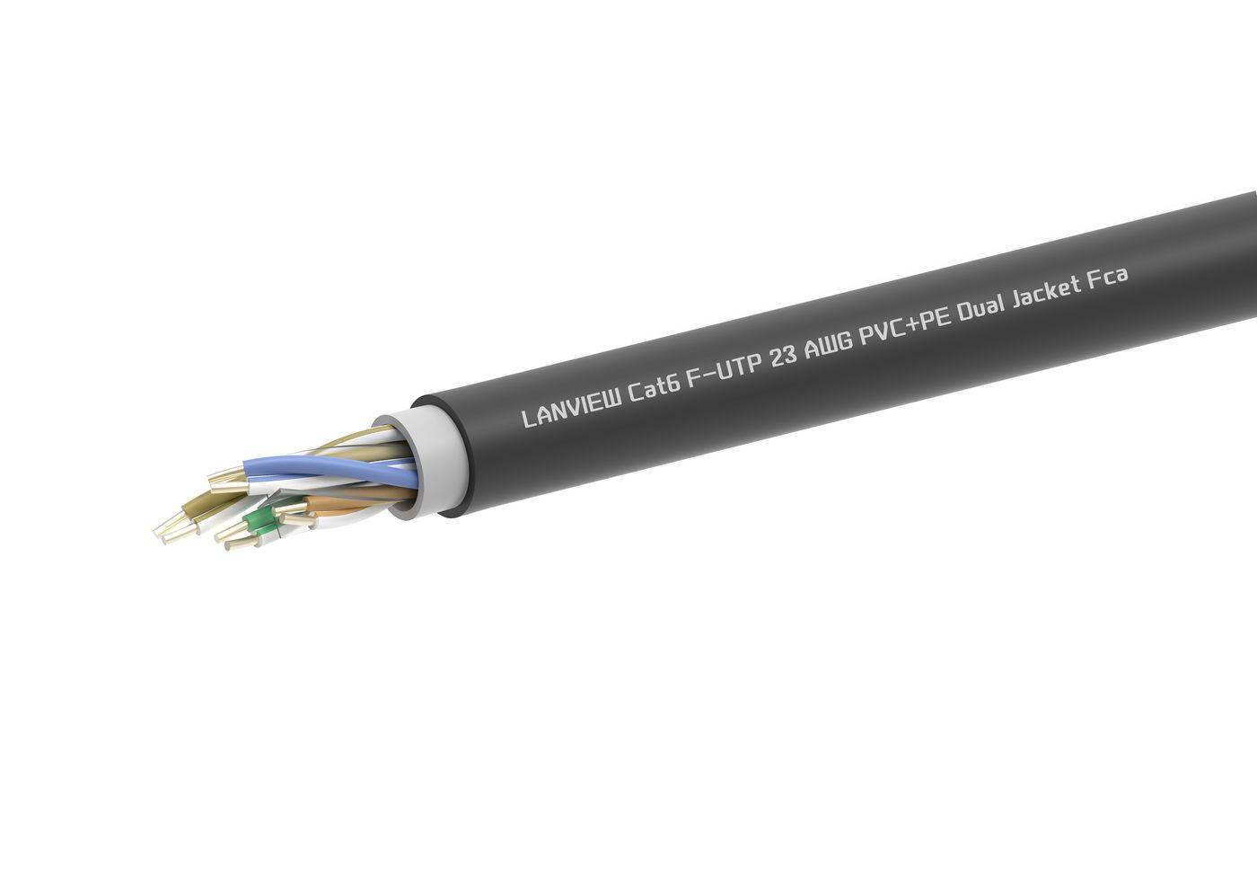 Černý ethernetový kabel s odstavenými kroucenými páry na řezané hraně, označený 'LANVIEW Cat6 F-UTP 23 AWG PVC+PE Dual Jacket Fca'.