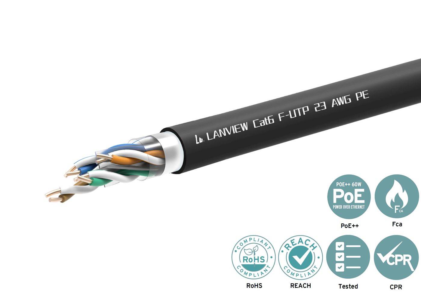 Detailní snímek černého LAN kabelu označeného 'LANVIEW Cat6 F-UTP 23 AWG PE' s obnažených kroucených párů a známkami shody pro PoE++, RoHS, REACH, Testováno a CPR.