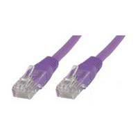 Dva fialové ethernetové kabely s konektory RJ45 na bílém pozadí.