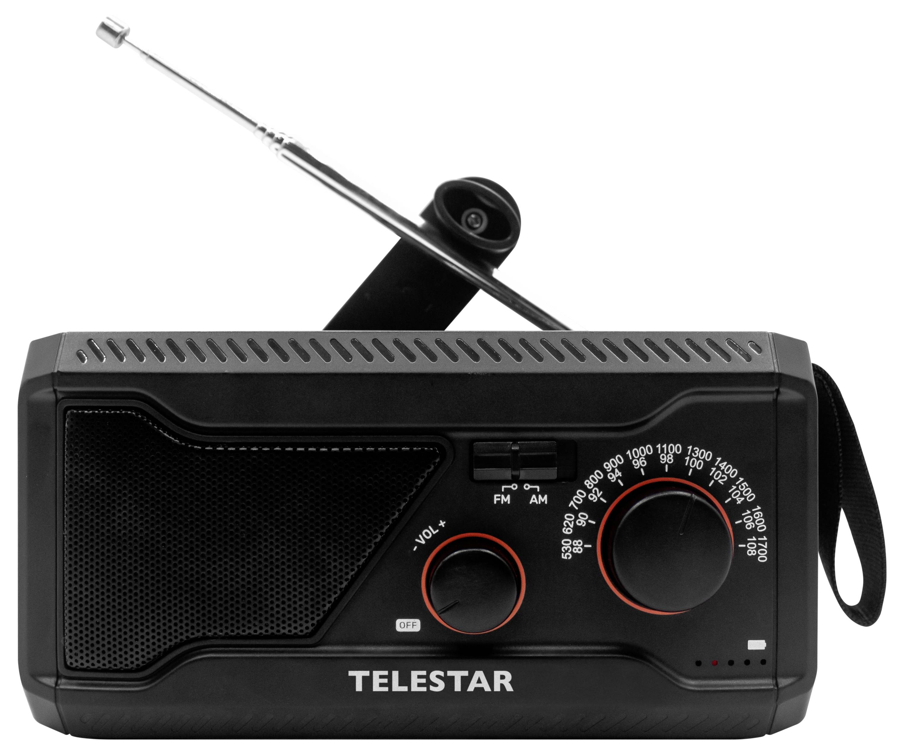 Černé přenosné rádio Telestar s prodlouženou anténou, reproduktorem a dvěma knoflíky pro ladění/hlasitost na bílém pozadí.