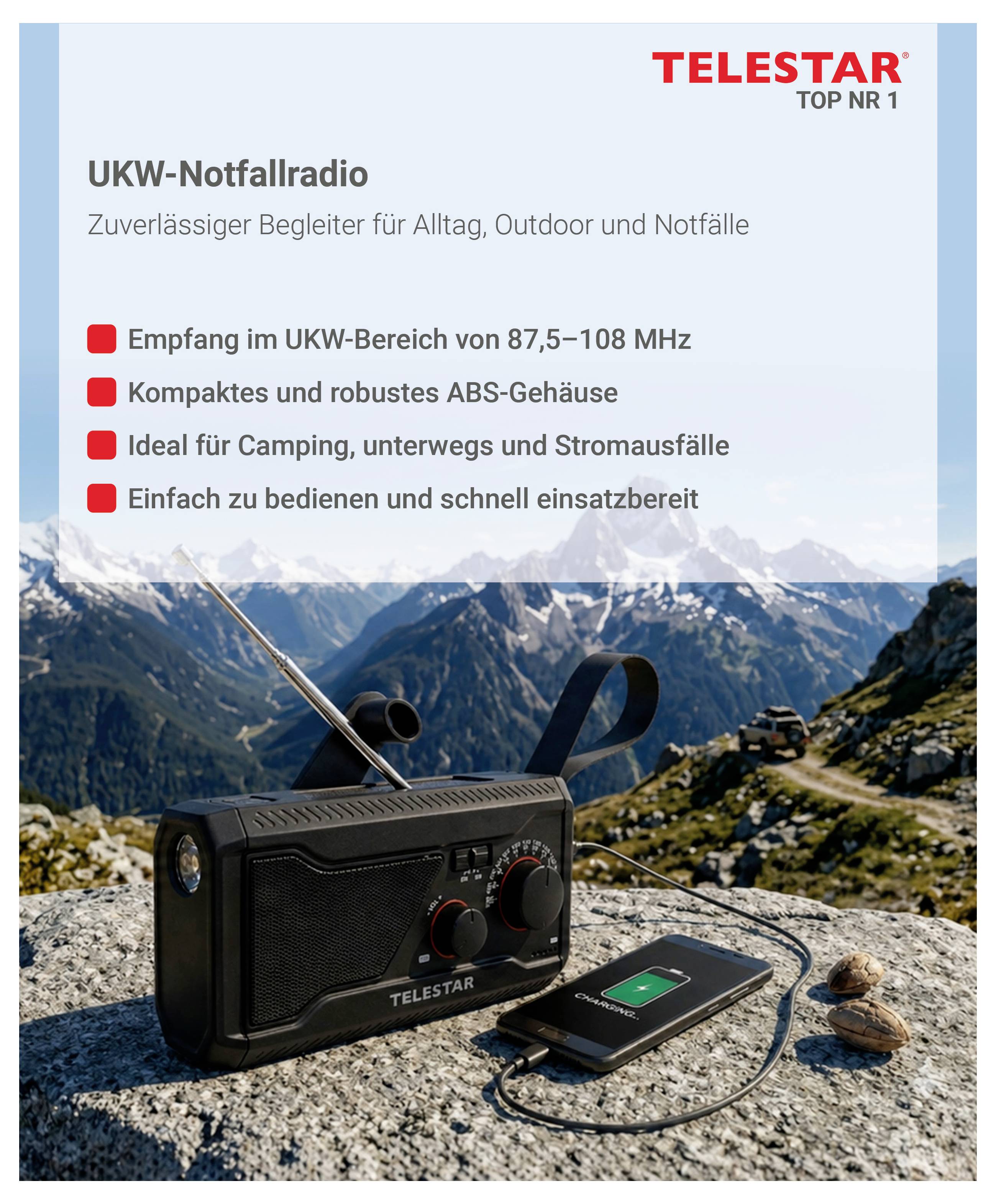 TELSTAR UKW-Nouzové rádio inzerát zobrazující odolné přenosné FM rádio a nabíječku pro chytré telefony s uvedenými funkcemi pro příjem 87,5–108 MHz, odolné pouzdro z ABS plastu, použití pro kempování a rychlou připravenost.