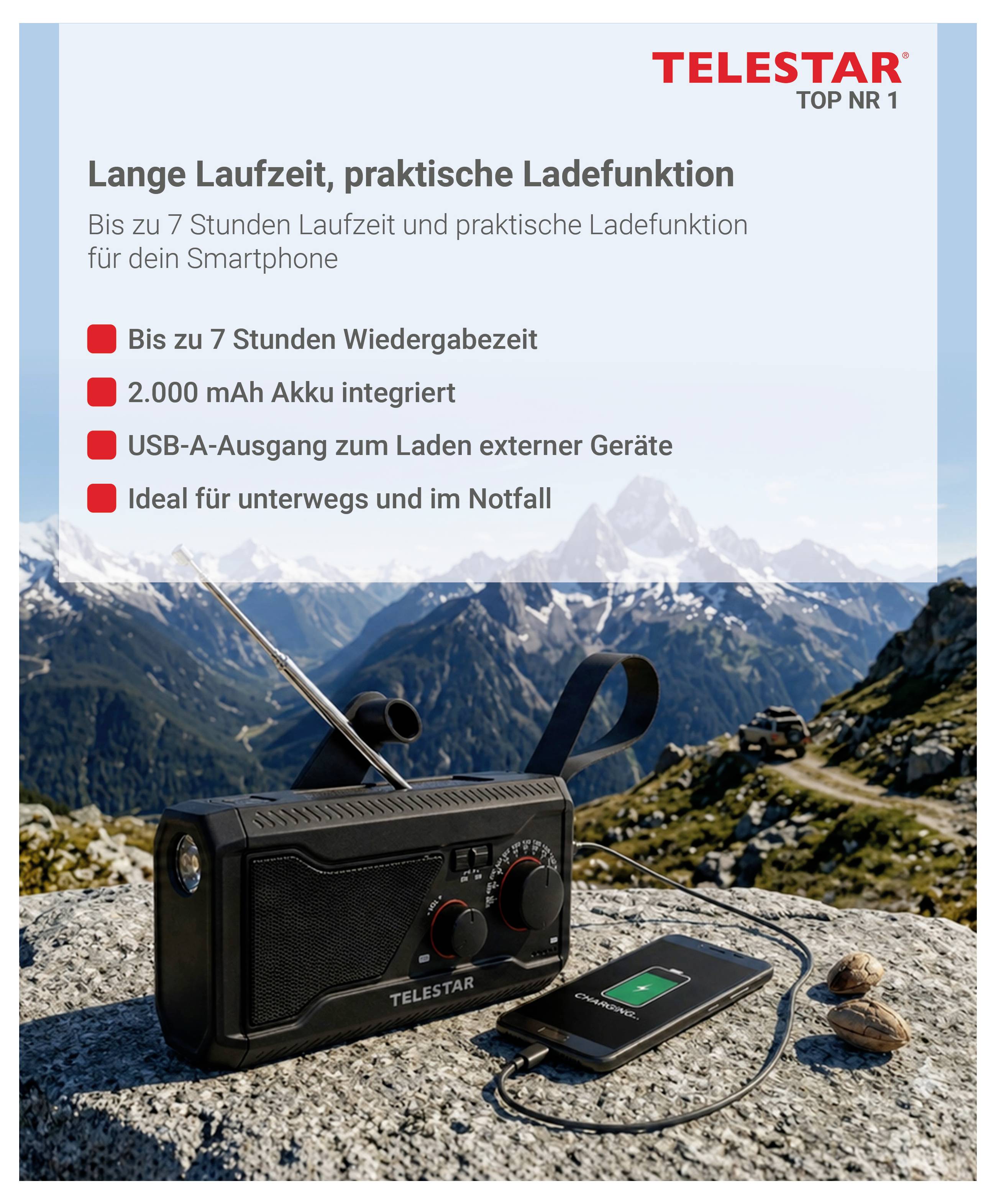 Telestar přenosné rádio s funkcí nabíjení smartphonu, s dobou přehrávání až 7 hodin, vestavěnou baterií 2000 mAh a výstupem USB-A pro nabíjení zařízení.