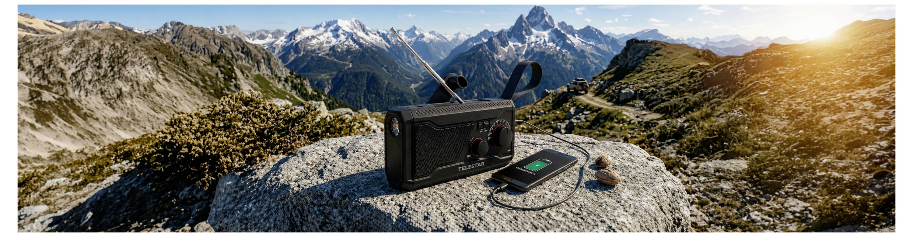 Přenosný rádio a chytrý telefon s kabelem na skalnatém vrcholu hory, s výhledem na zasněžené vrcholy při východu slunce.