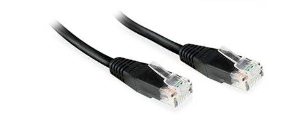 Dva černé kabely Ethernet s průhlednými konektory RJ45 na bílém pozadí.