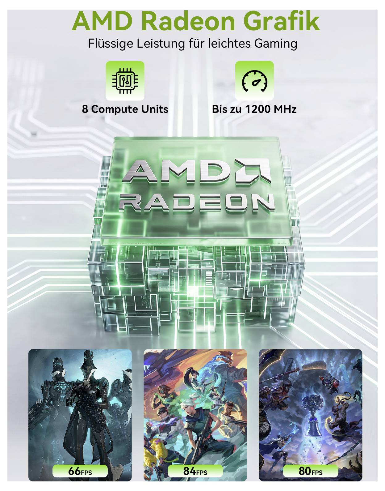 Propagační reklama AMD Radeon s grafickou kartou pro lehké hraní her, zobrazující „8 výpočetních jednotek", „Až 1200 MHz" a tři herní scény s 66, 84 a 80 FPS.