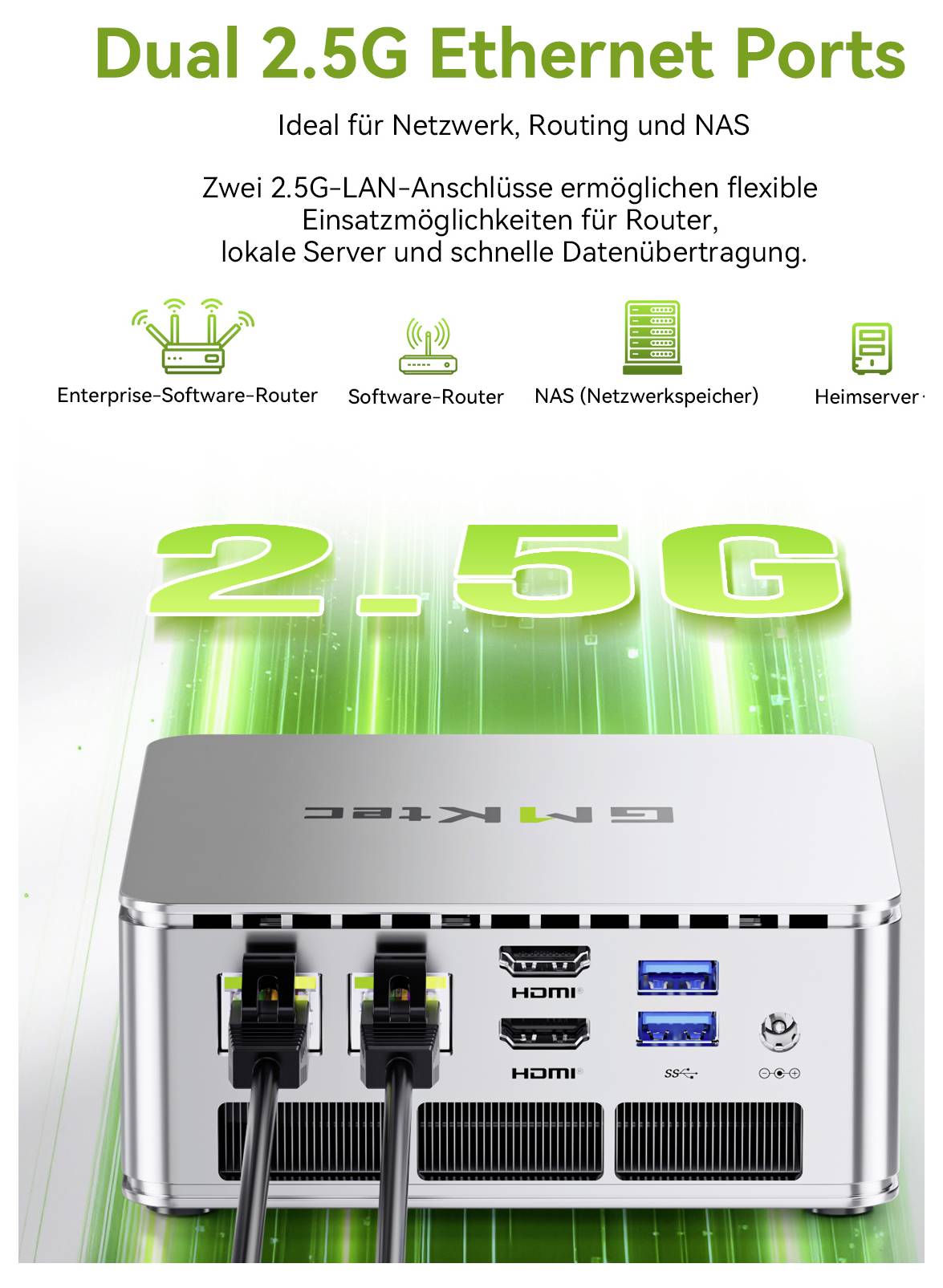 Propagační grafika pro „Duální porty Ethernet 2,5G" ukazující směrovač/NAS se dvěma porty 2,5G LAN, zdůrazňující flexibilní síťování a rychlý přenos dat.
