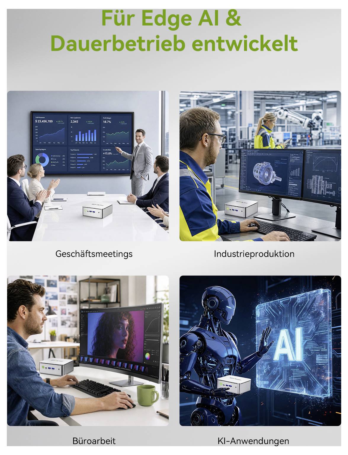 Český překlad infografiky:<br><br>**Pro Edge AI a nepřetržitý provoz vyvinuté**<br><br>Čtyři příklady použití:<br><br>1. **Obchodní schůzky**<br><br>2. **Průmyslová výroba**<br><br>3. **Kancelářská práce**<br><br>4. **Aplikace AI**