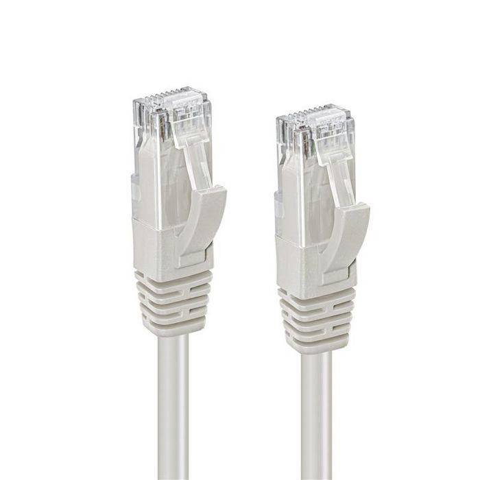 Dva šedé ethernetové kabely s konektory RJ45 zobrazené vedle sebe na bílém pozadí.