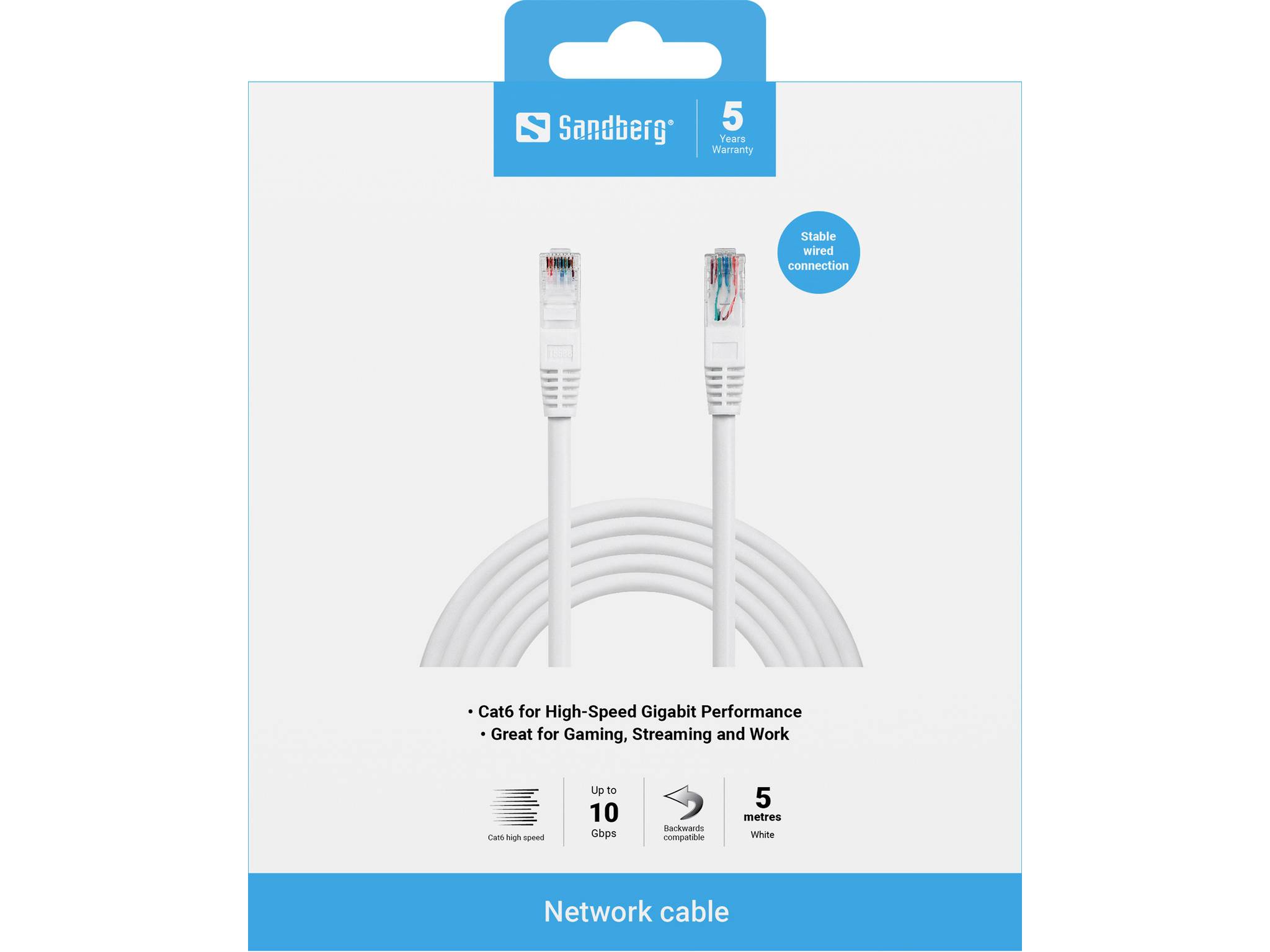 Balení pro síťový kabel Sandberg Cat6 s drátěnými konektory, označené pro vysokorychlostní gigabitový výkon, hraní, streamování a práci; 5 metrů bílý.