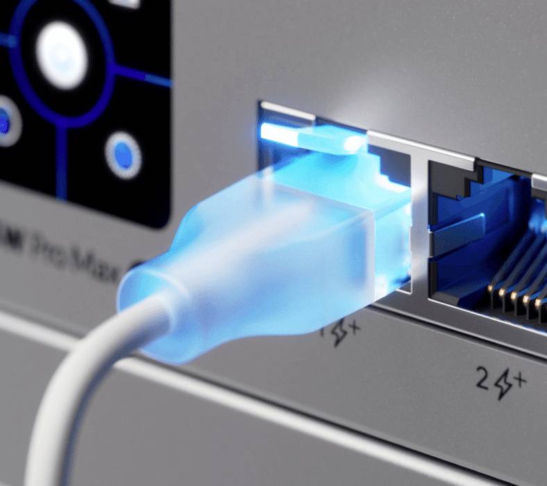 Modrý ethernetový kabel zasunutý do síťového portu na zadní straně zařízení se svítícími indikátory připojení.