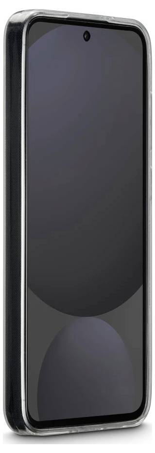 Chytrý telefon s tmavou prázdnou obrazovkou, zobrazený v čiré ochranné pouzdře na bílém pozadí.