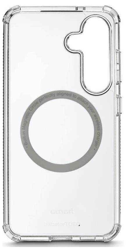 Čirý kryt na smartphone s velkým kruhlovým MagSafe kroužkem a zvýšeným výřezem fotoaparátu, zobrazený zepředu na bílém pozadí.