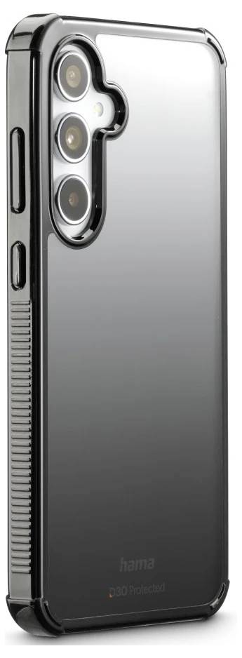Transparetní kryt telefonu s černým nárazníkem zobrazující tři výřezy pro zadní fotoaparát a lesklou zrcadlovou zadní stranu, fotografovaný na bílém pozadí.