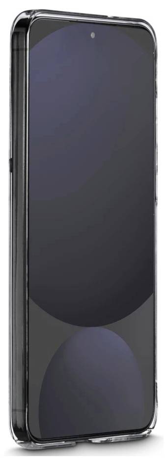 Černý chytrý telefon zobrazený v čiré ochranné pouzdru, přední pohled na bílém pozadí.