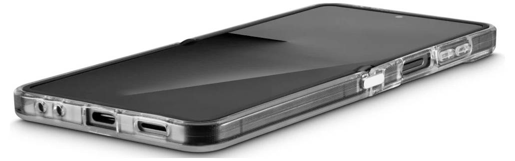Černý smartphone v čirém ochranném pouzdře, zobrazen v perspektivě na bílém pozadí.