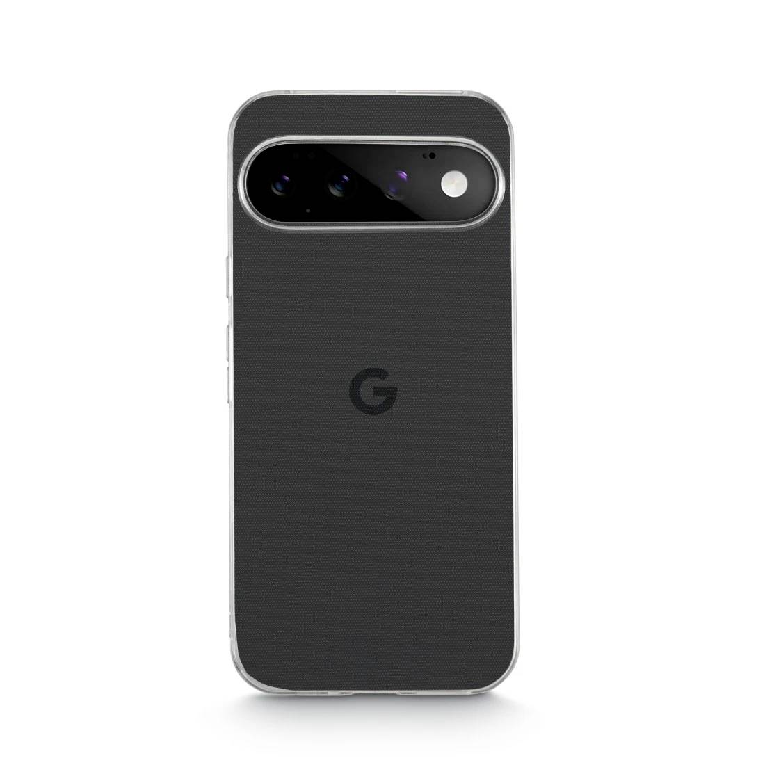 Zadní pohled na černý smartphone Google Pixel s vodorovným panelem fotoaparátu a vycentrovaným logem 'G' na bílém pozadí