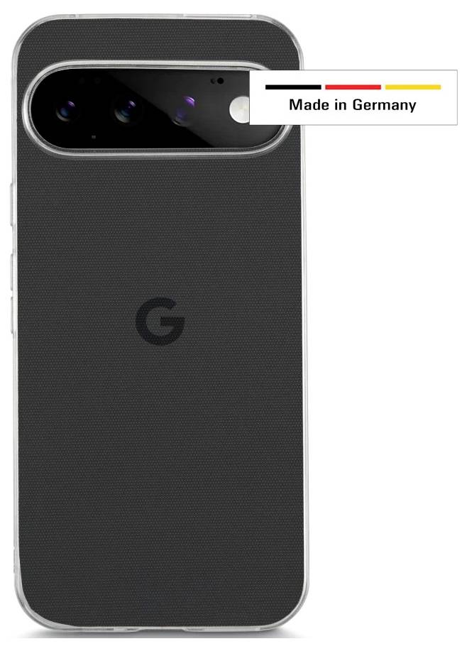 Zadní strana tmavě šedého smartphonu s trojitou kamerovou lištou a logem Google "G"; štítek uvádí "Vyrobeno v Německu".